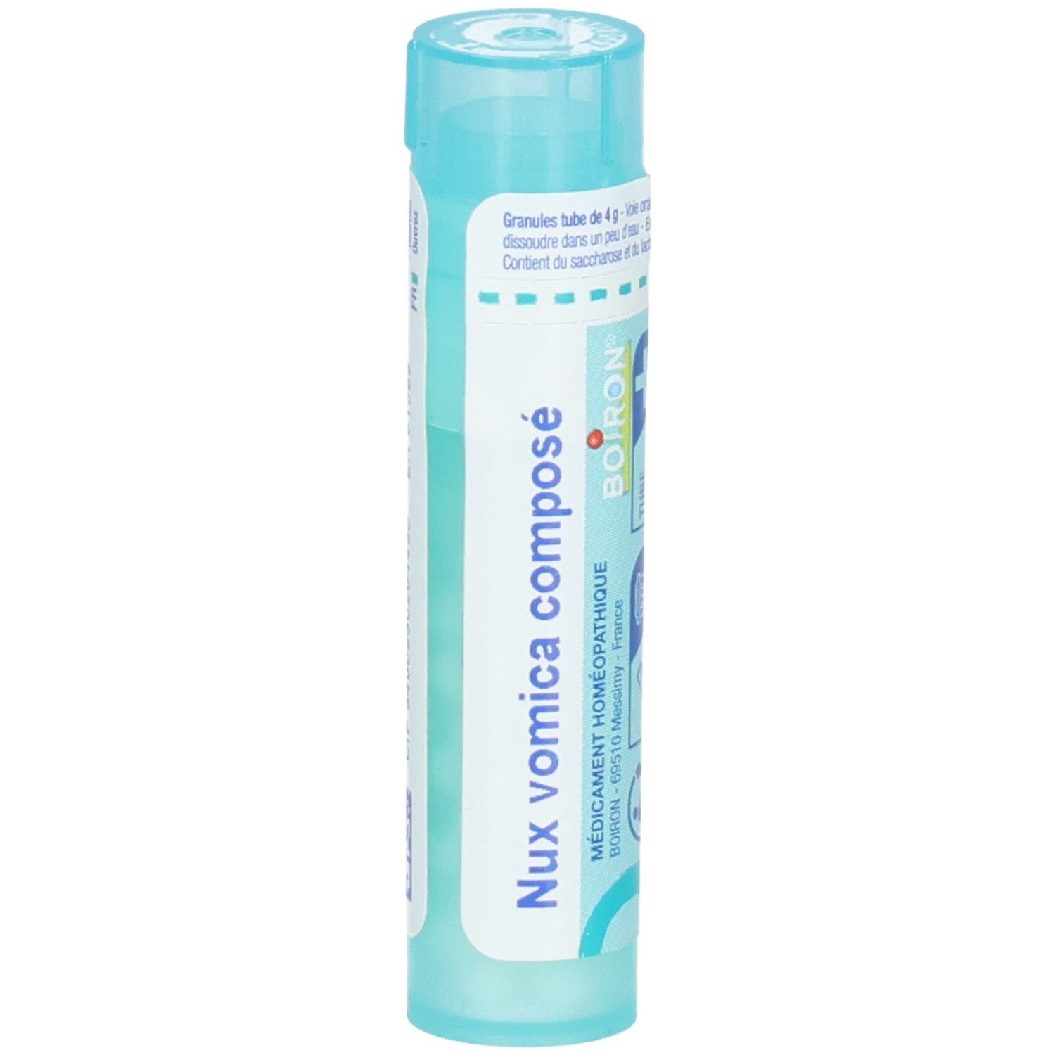 Nux vomica composé, 80 granules dans un tube bleu.