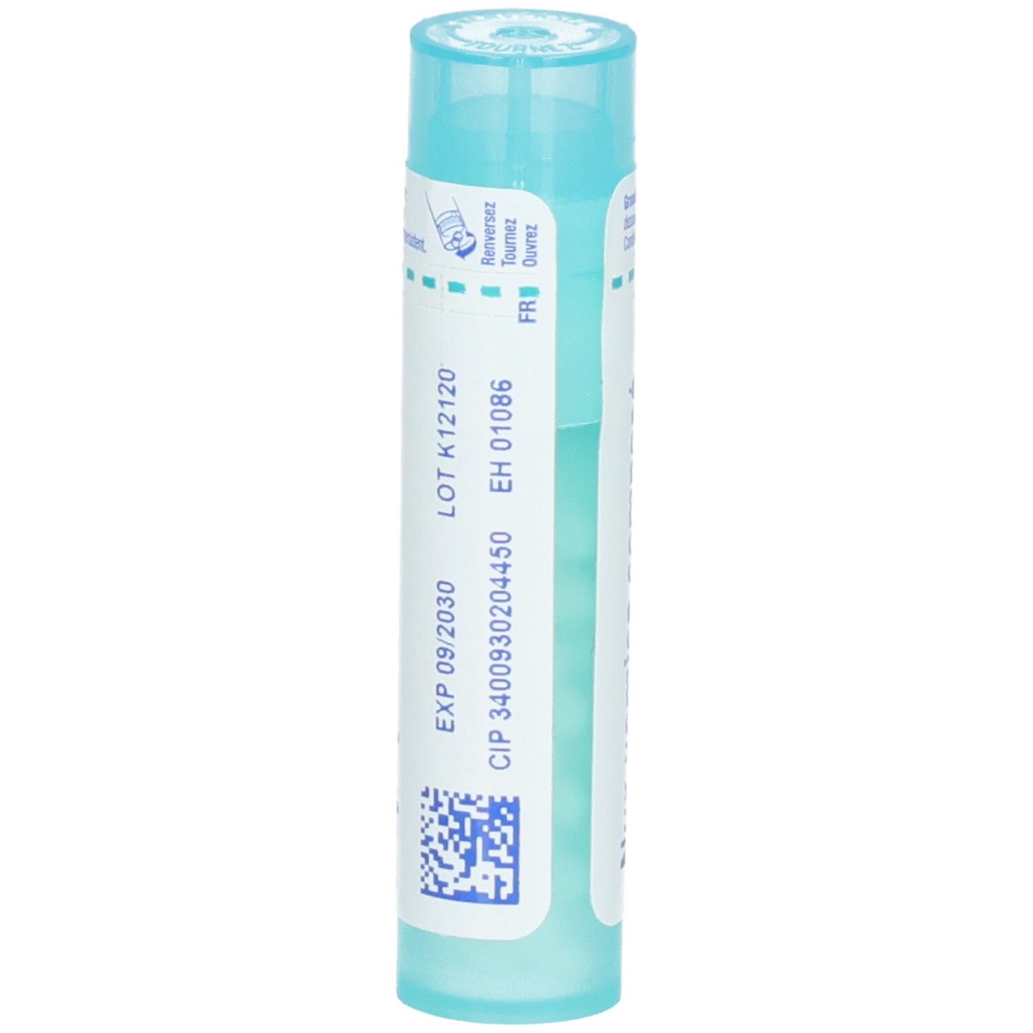 Arrière du tube Nux vomica composé avec numéro de lot et date d'expiration.