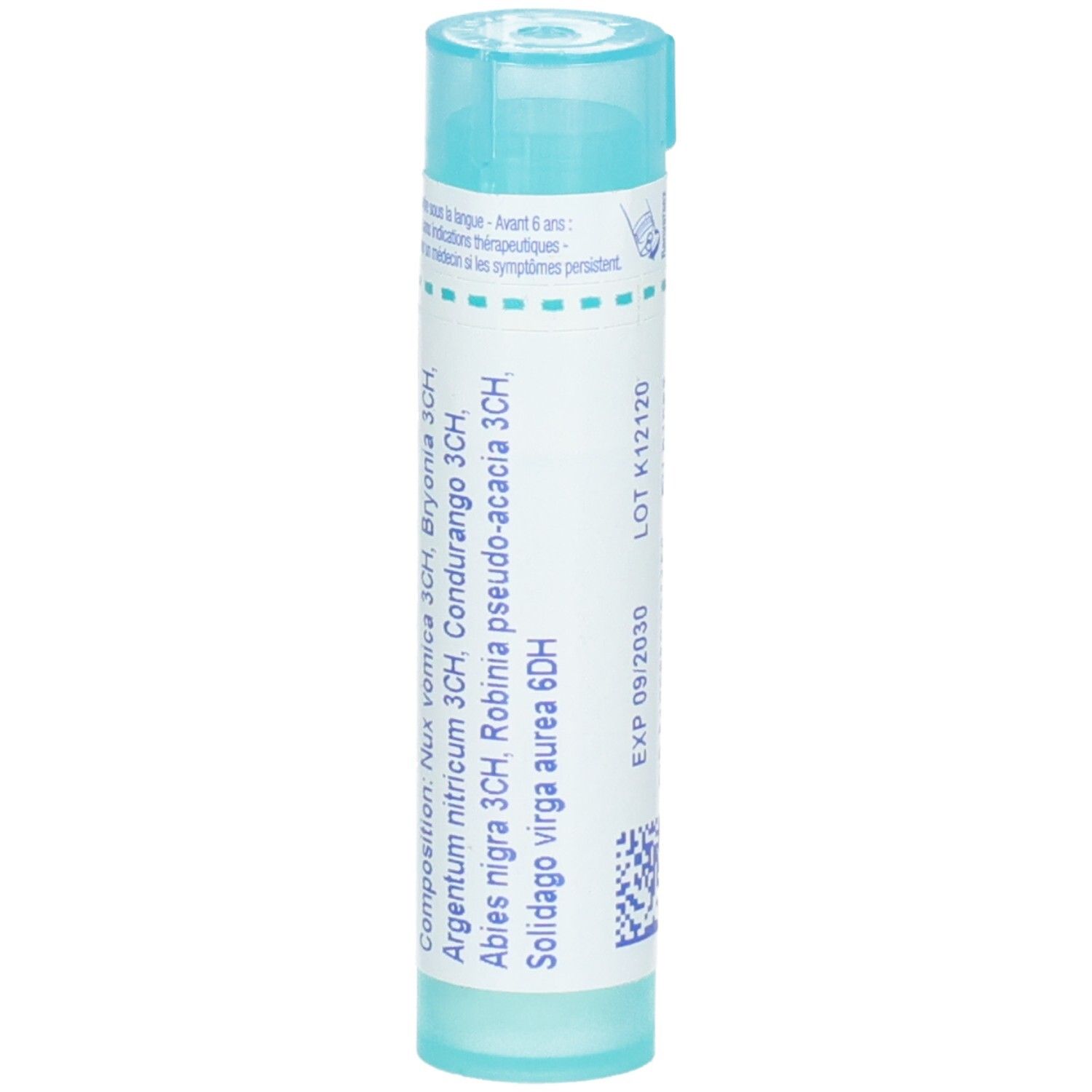 Côté du tube Nux vomica composé avec composition et dilutions.