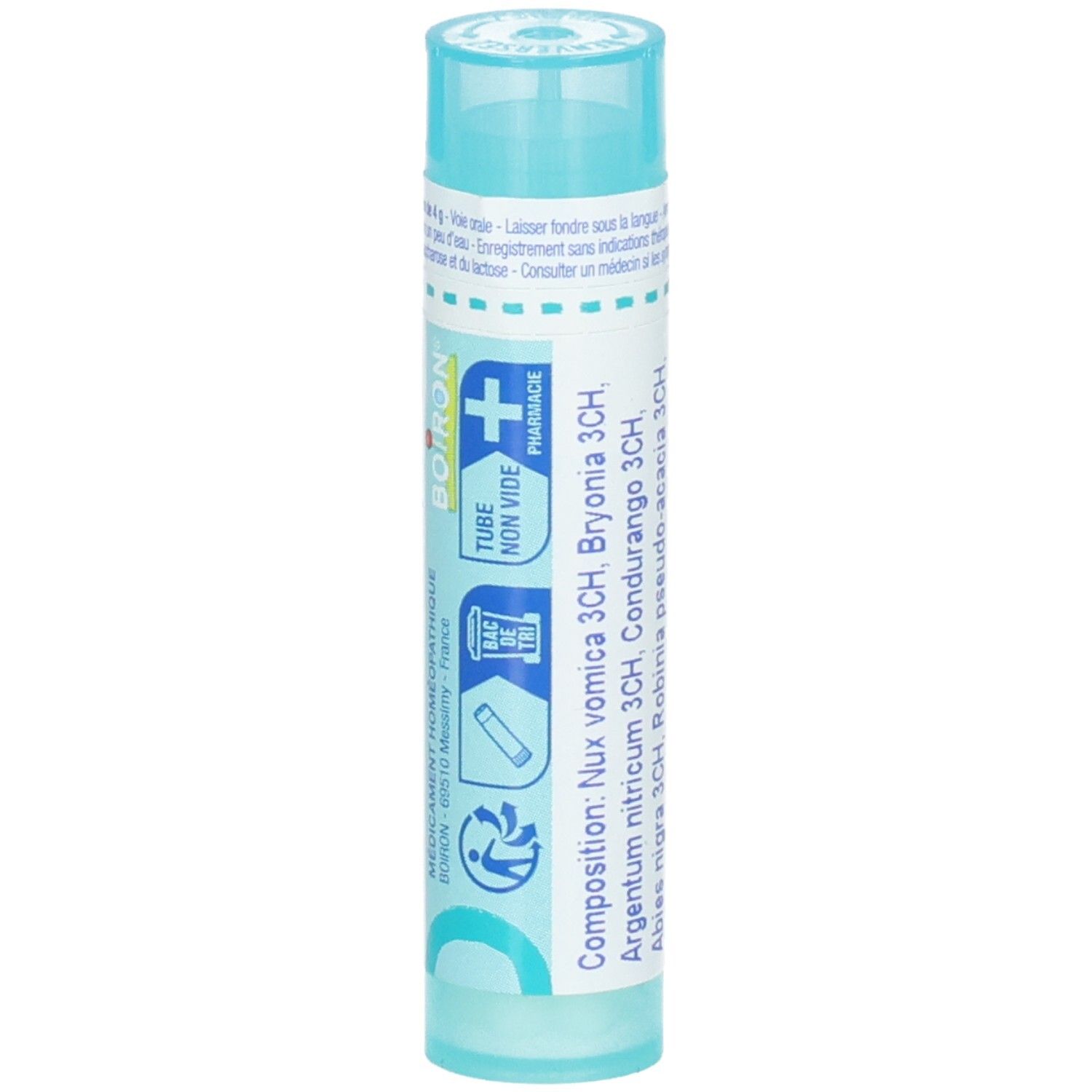 Côté du tube Nux vomica composé avec logo Boiron et icônes d'application.