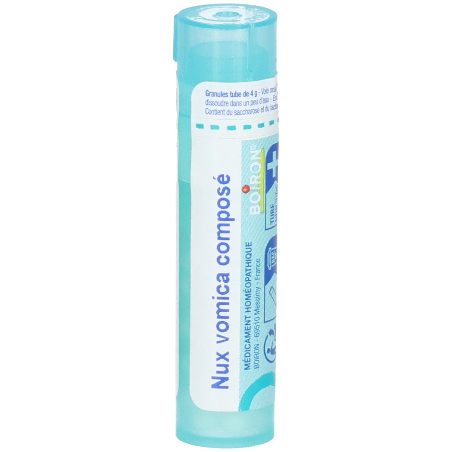 Nux vomica composé, 80 granules dans un tube bleu, Boiron.