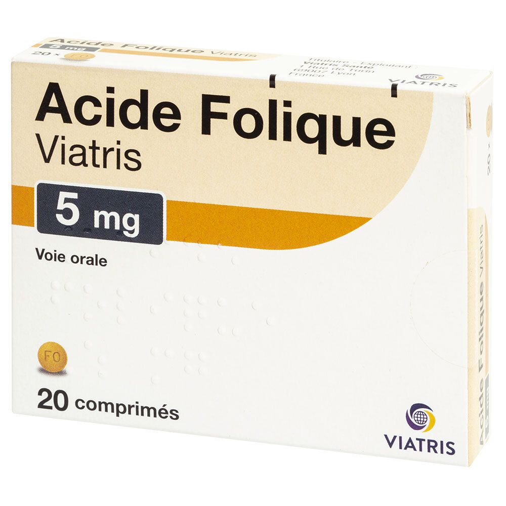 Boîte 'Acide Folique Viatris 5 mg'. Contient 20 comprimés. Emballage blanc et jaune avec informations produit.