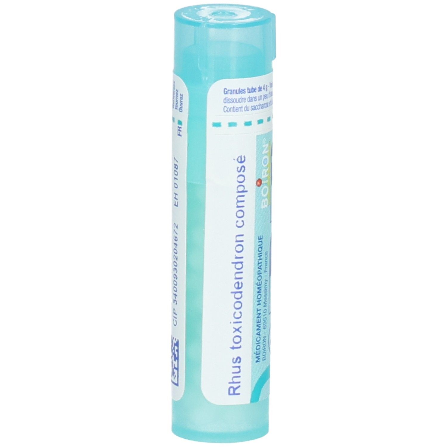 Tube de granules Boiron Rhus toxicodendron composé. Tube bleu clair avec étiquette blanche.