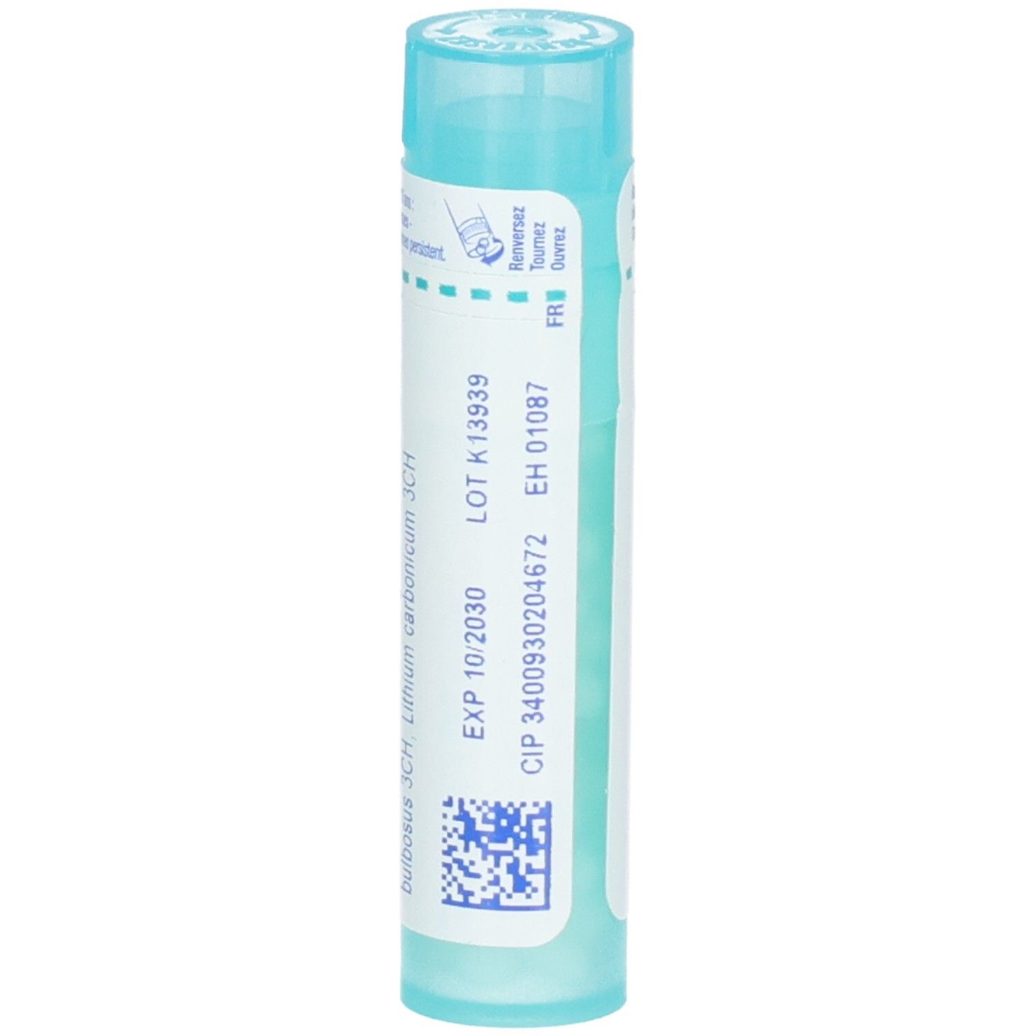 Arrière du tube Boiron Rhus toxicodendron composé avec numéro de lot et date d'expiration.