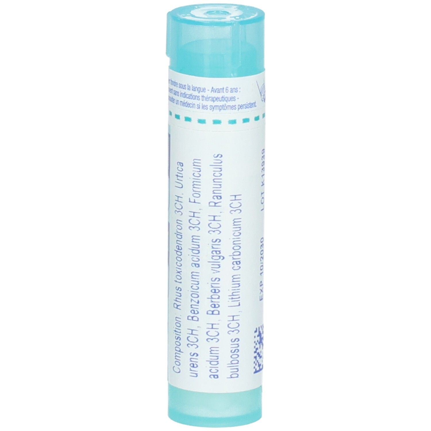 Tube Boiron Rhus toxicodendron composé avec liste des ingrédients et instructions de dosage.