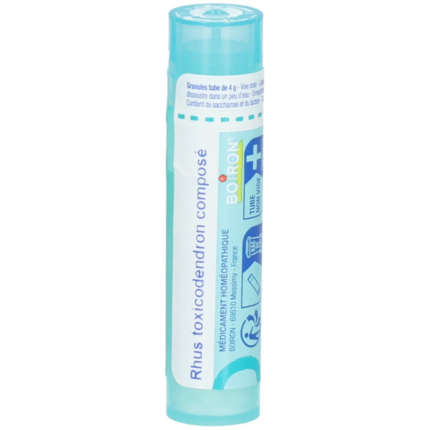Tube Boiron Rhus toxicodendron composé avec logo et symboles d'application.
