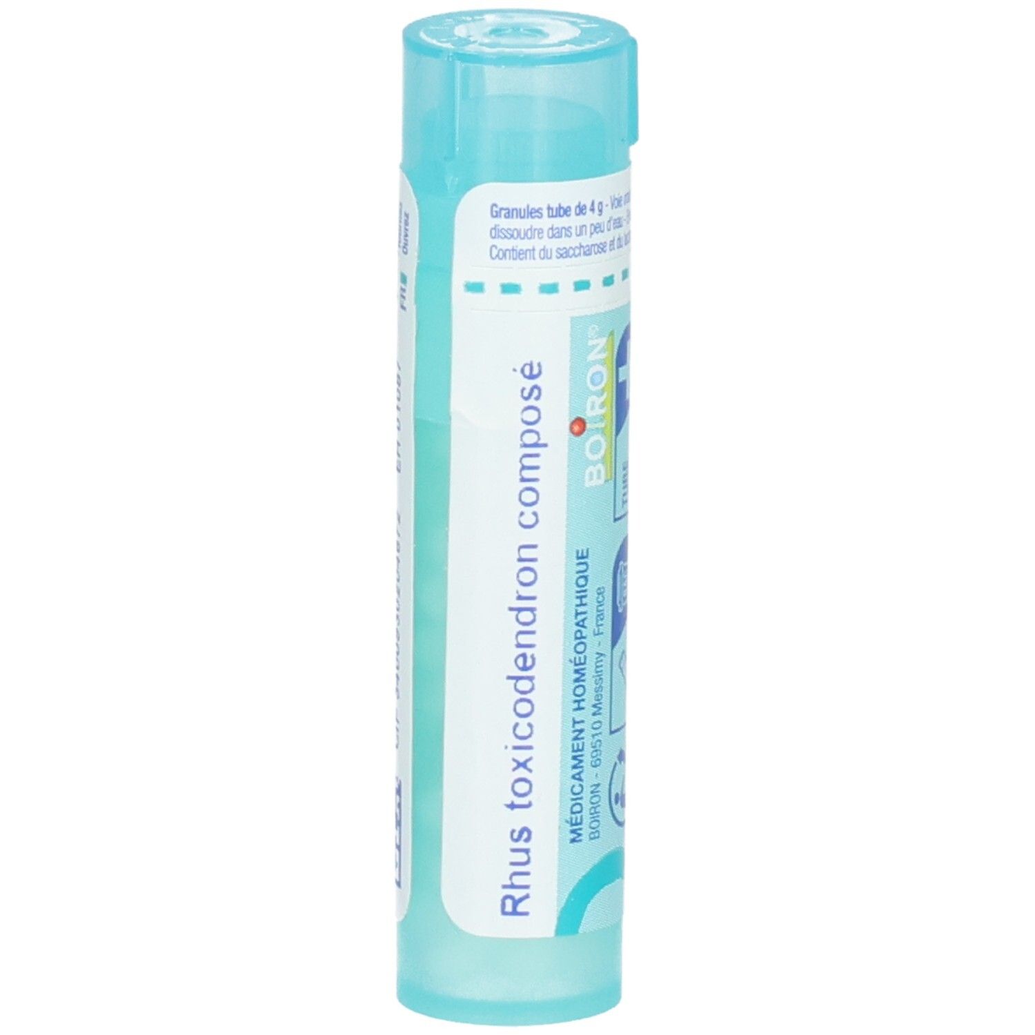 Tube Boiron Rhus toxicodendron composé avec liste des ingrédients et instructions de dosage.