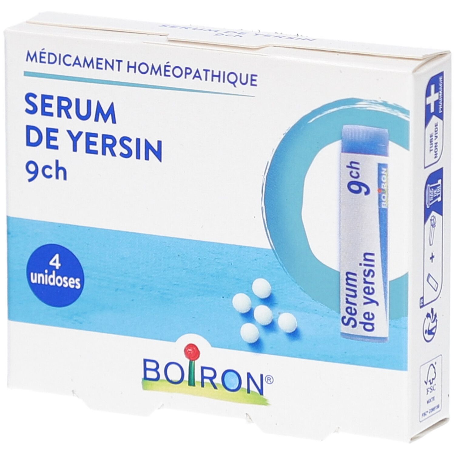 Boîte blanche SERUM DE YERSIN 9ch, 4 unidoses et logo BOIRON. Contient des globules et un tube.