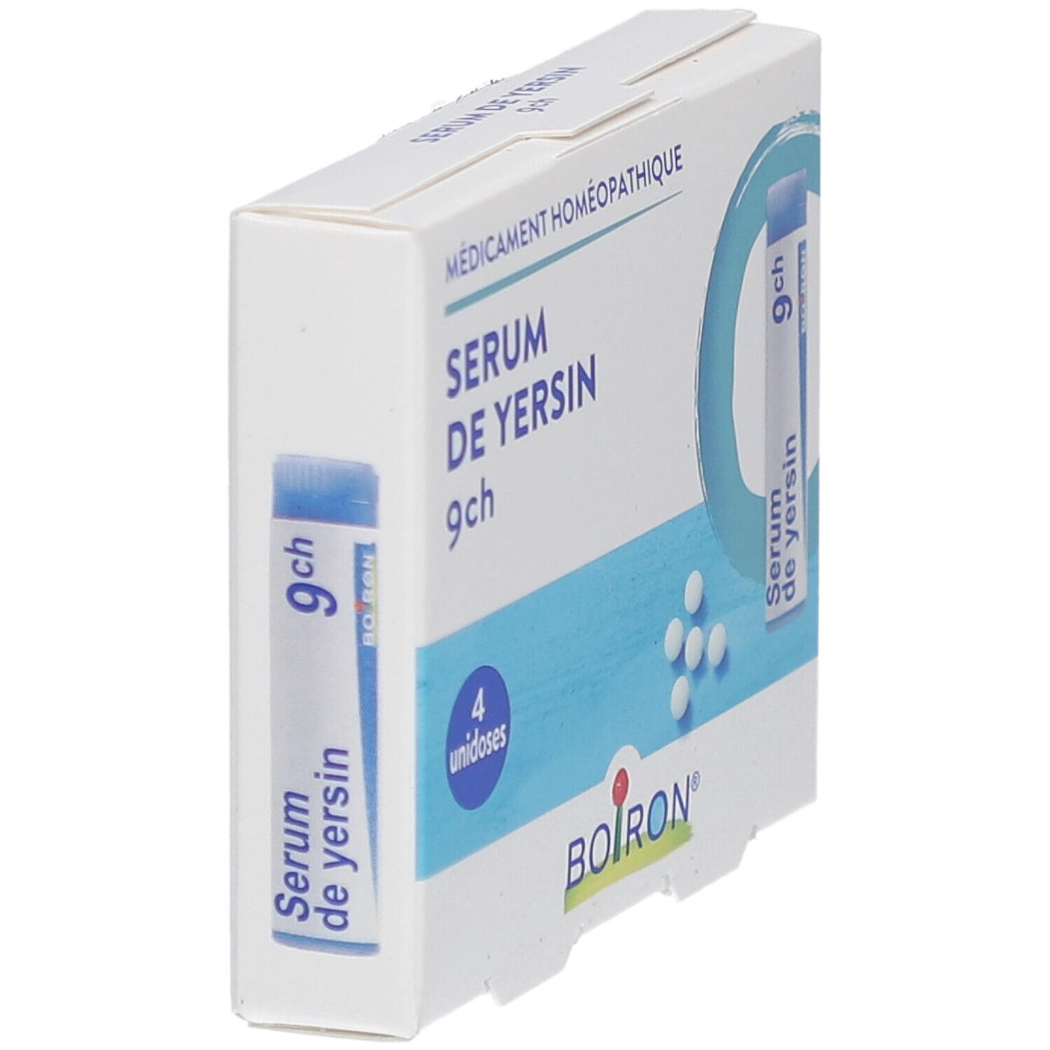 Boîte SERUM DE YERSIN 9ch, 4 unidoses, logo BOIRON. Vue latérale avec tube et illustration de globules.