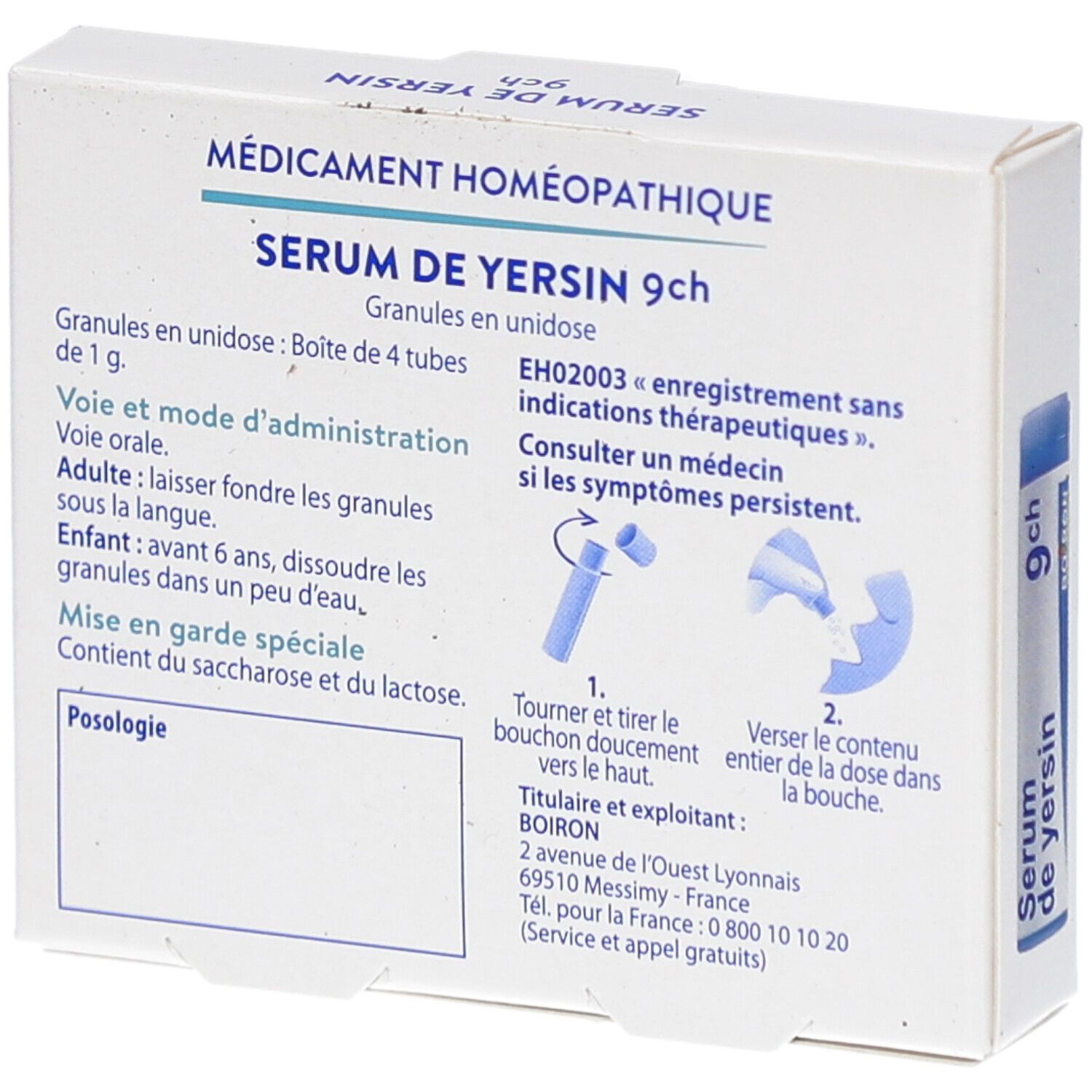 Dos de la boîte SERUM DE YERSIN 9ch. Texte: posologie, mode d'emploi, ingrédients, adresse BOIRON.