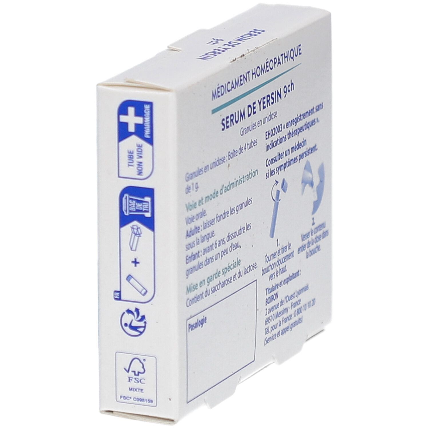 Boîte SERUM DE YERSIN 9ch, vue latérale. Texte: posologie, mode d'emploi, ingrédients, adresse BOIRON.