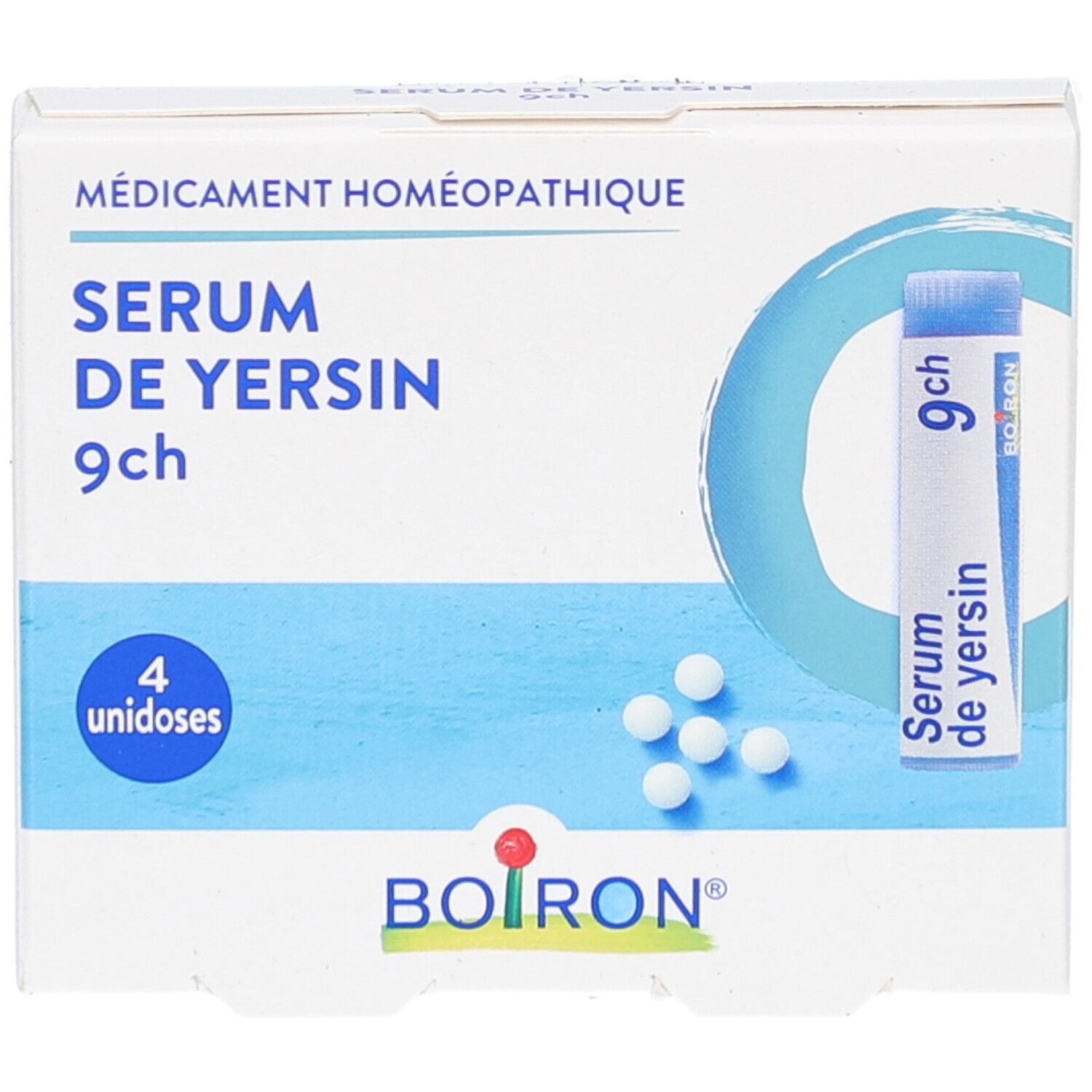 Boîte blanche SERUM DE YERSIN 9ch, 4 unidoses et logo BOIRON. Contient des globules et un tube.