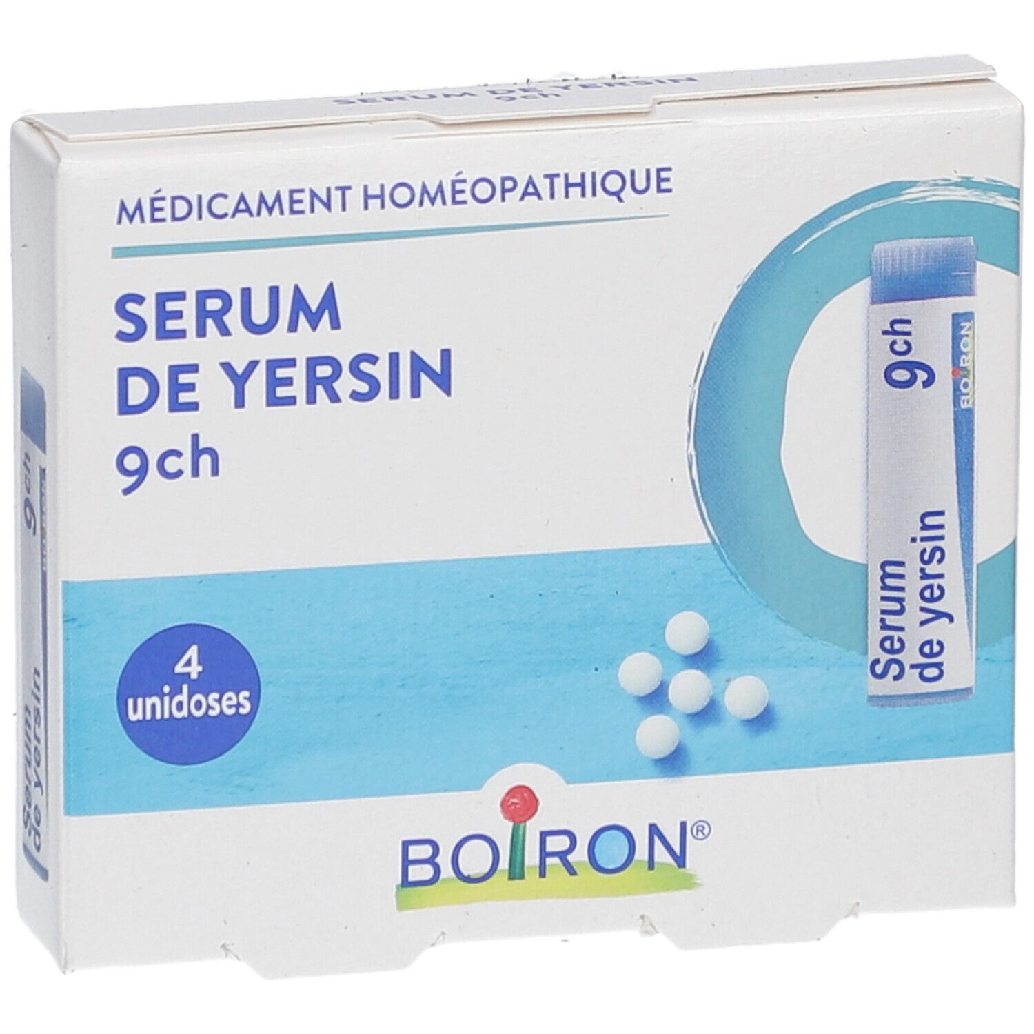 Boîte blanche SERUM DE YERSIN 9ch, 4 unidoses et logo BOIRON. Contient des globules et un tube.