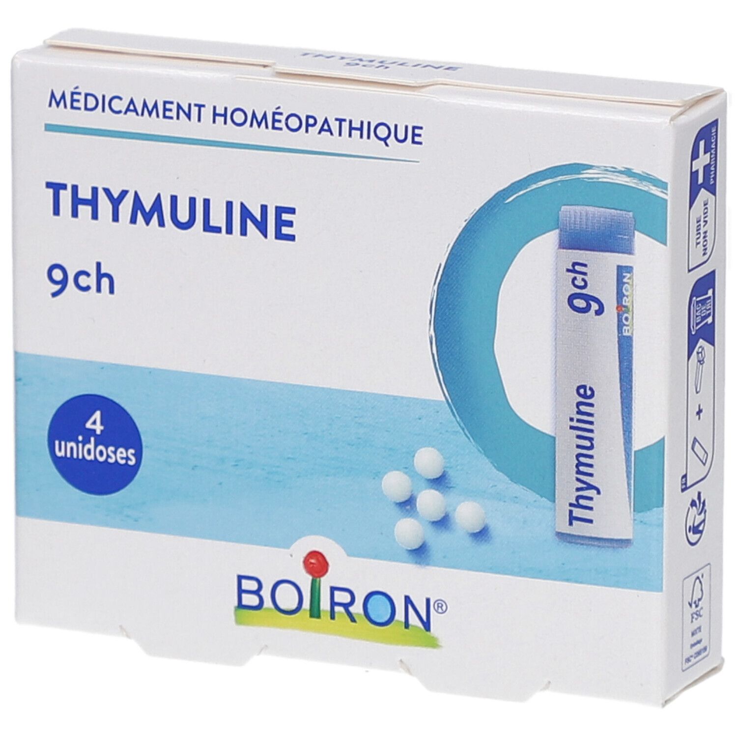 Boîte de THYMULINE 9ch, 4 unidoses. Emballage bleu et blanc. Logo BOIRON.