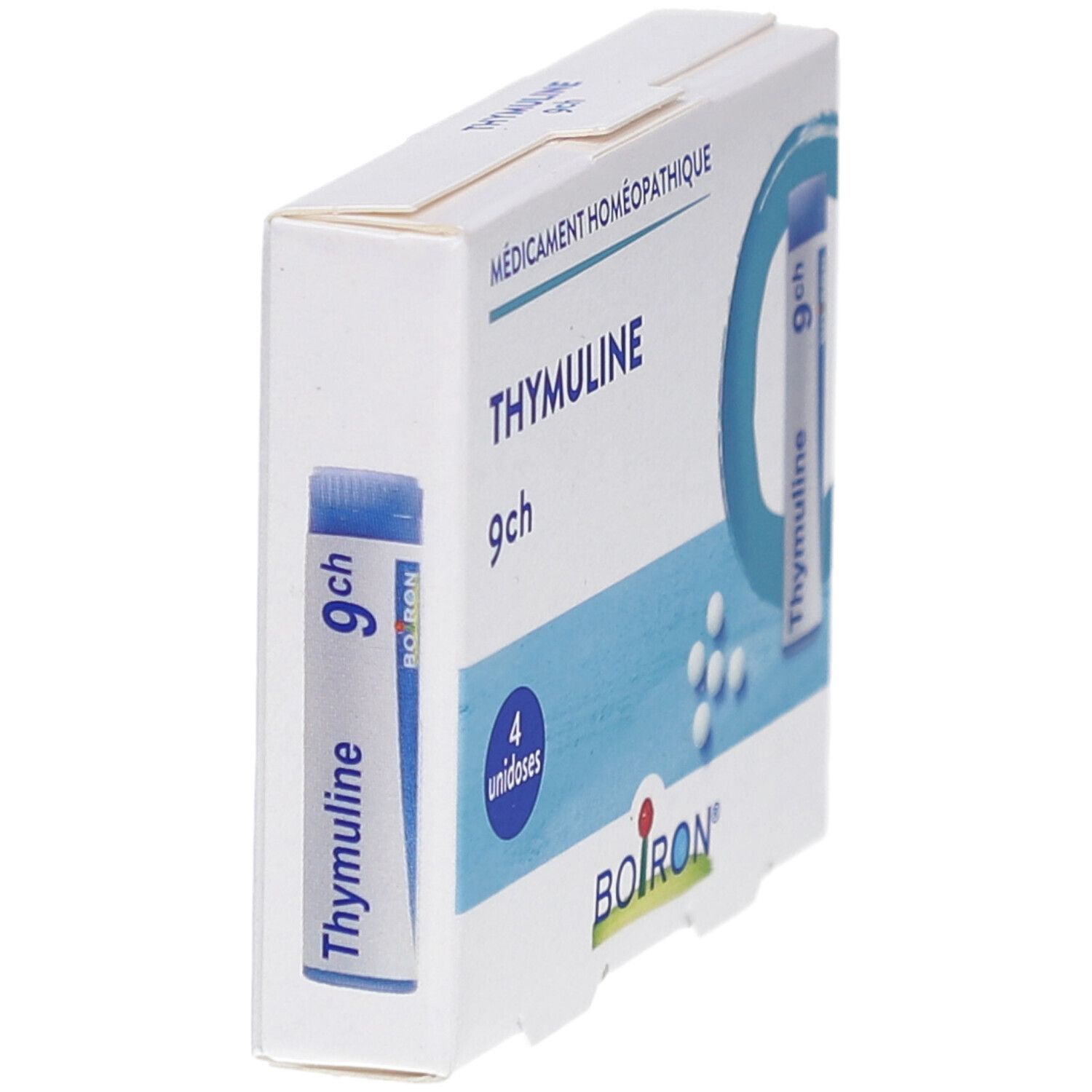 Boîte THYMULINE 9ch, 4 unidoses, vue latérale. Logo BOIRON. Emballage bleu et blanc.
