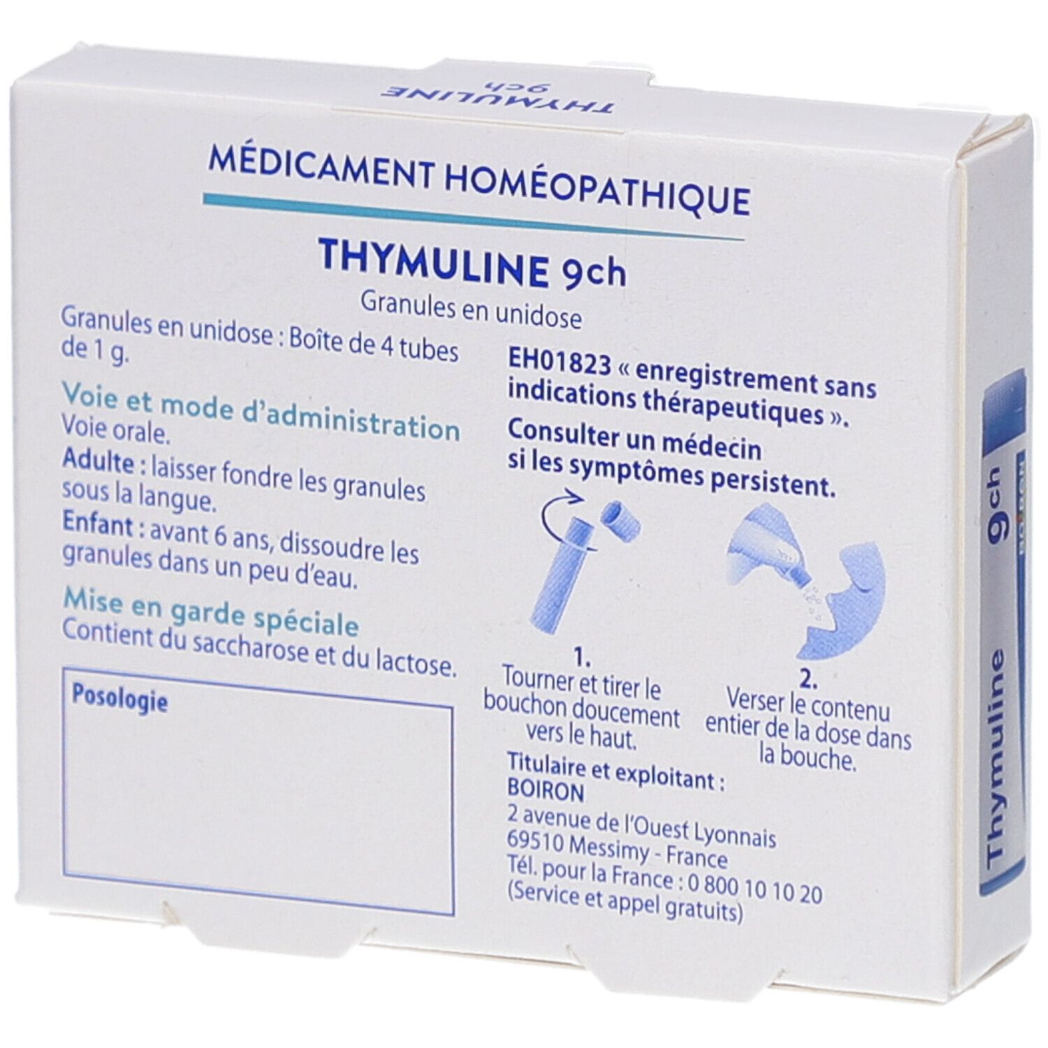 Dos de la boîte THYMULINE 9ch. Informations textuelles, instructions et logo BOIRON.