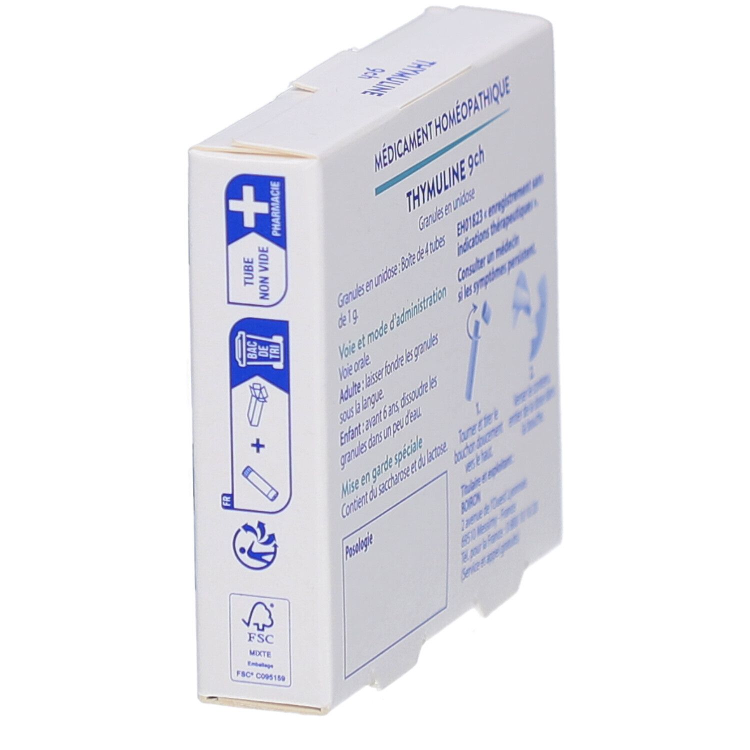 Vue latérale de la boîte THYMULINE 9ch. Texte, pictogrammes et logo FSC.