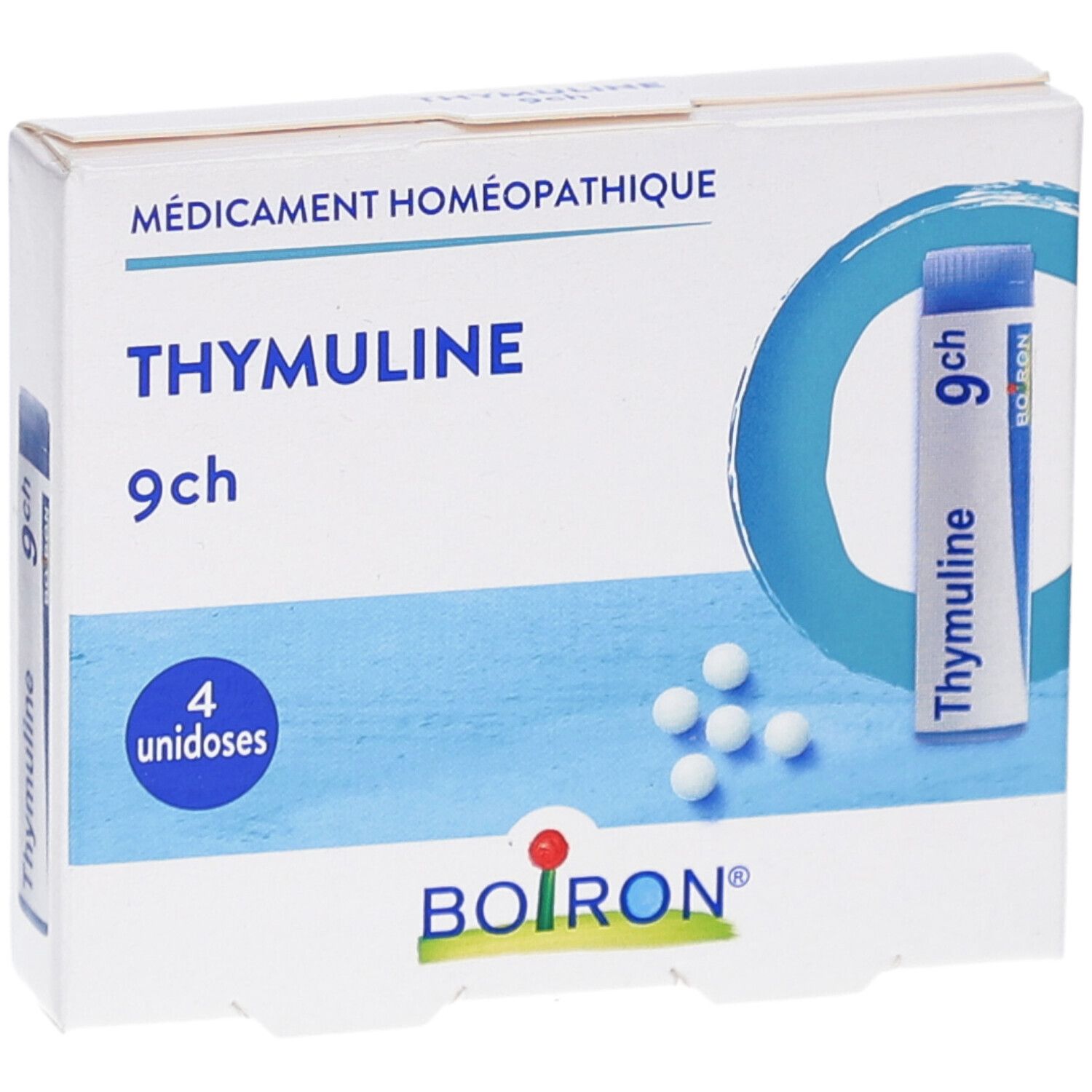 Boîte THYMULINE 9ch, 4 unidoses. Emballage bleu et blanc. Logo BOIRON.