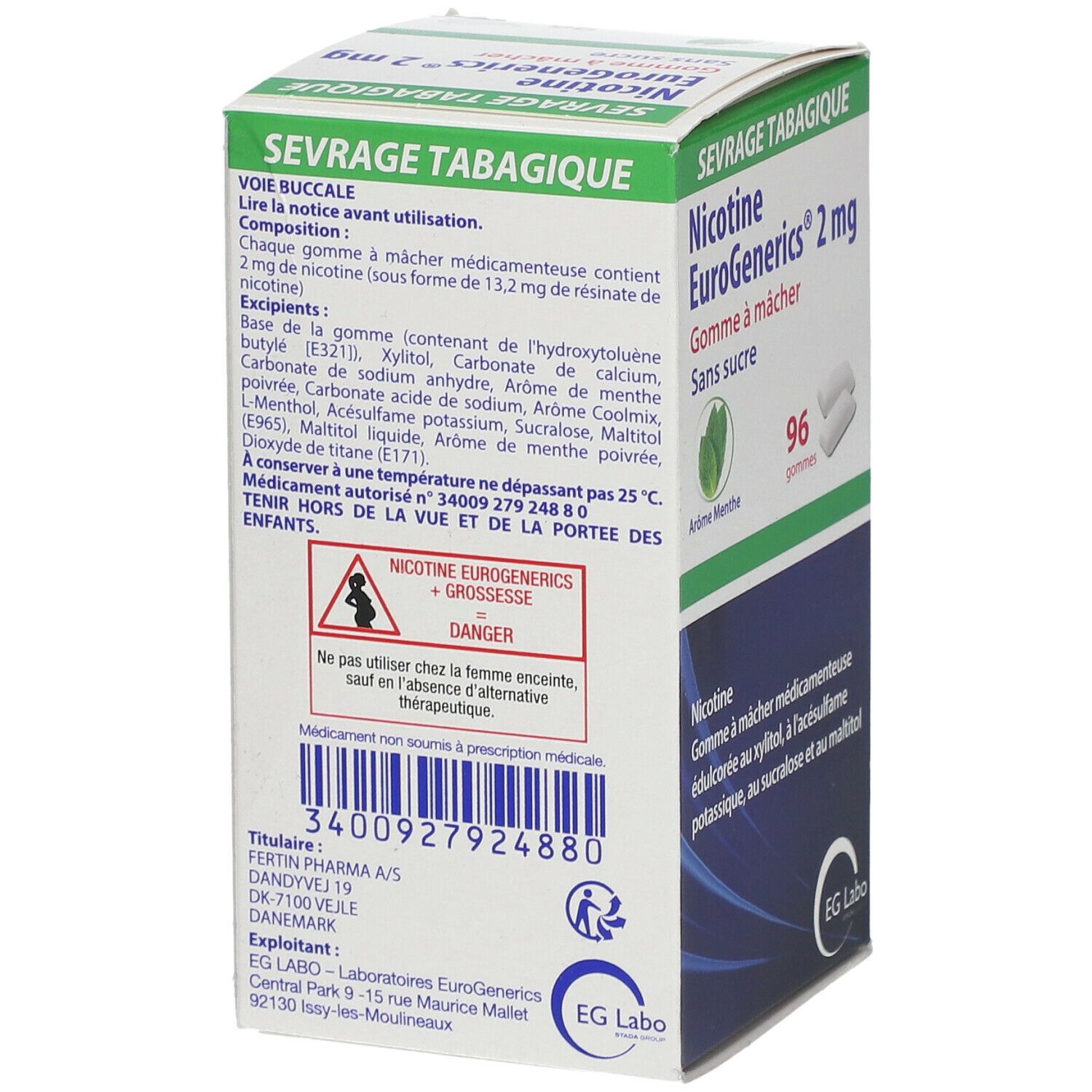 Nicotine EuroGenerics® Menthe 2 mg Sans sucre Gomme à mâcher