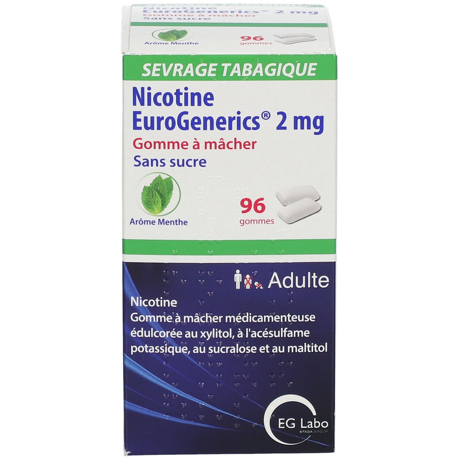 Nicotine EuroGenerics® Menthe 2 mg Sans sucre Gomme à mâcher