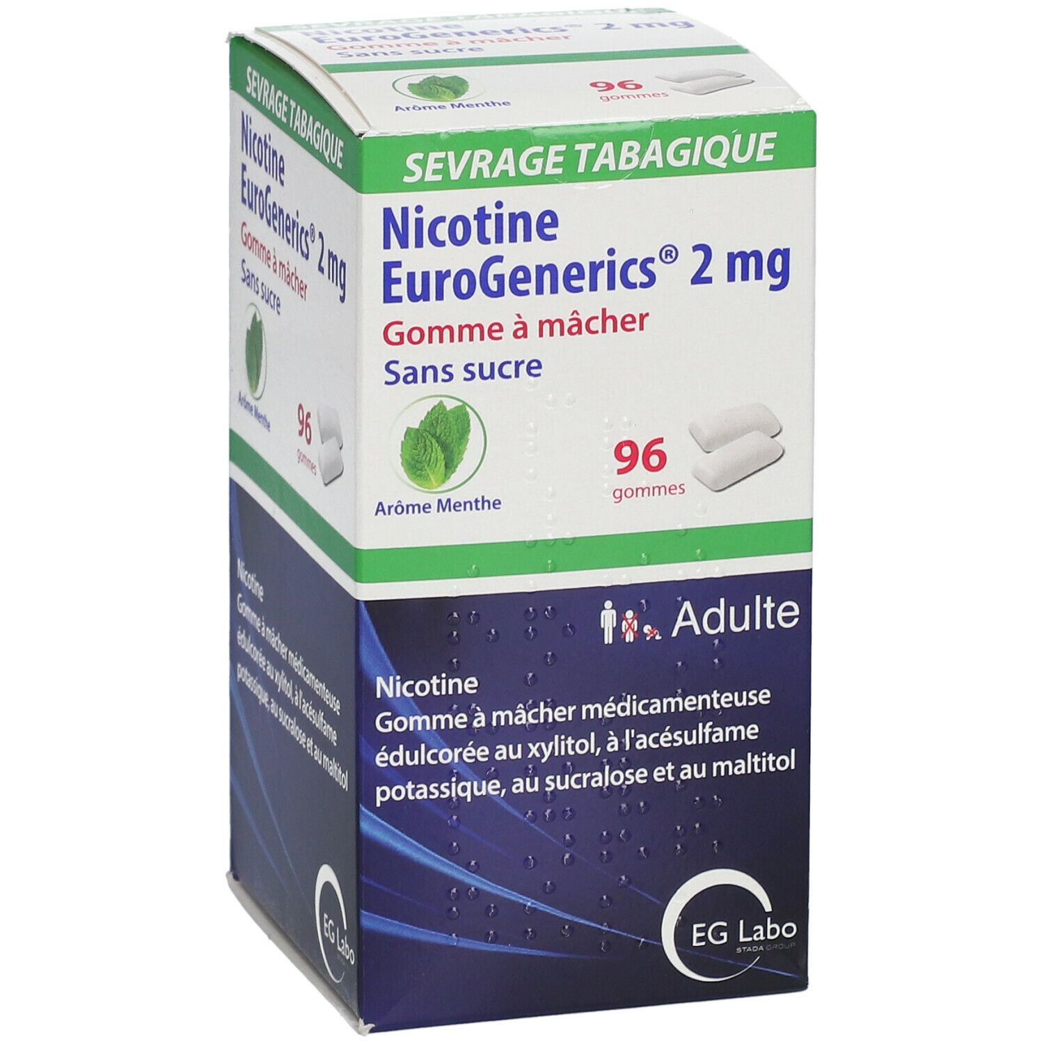 Nicotine EuroGenerics® Menthe 2 mg Sans sucre Gomme à mâcher