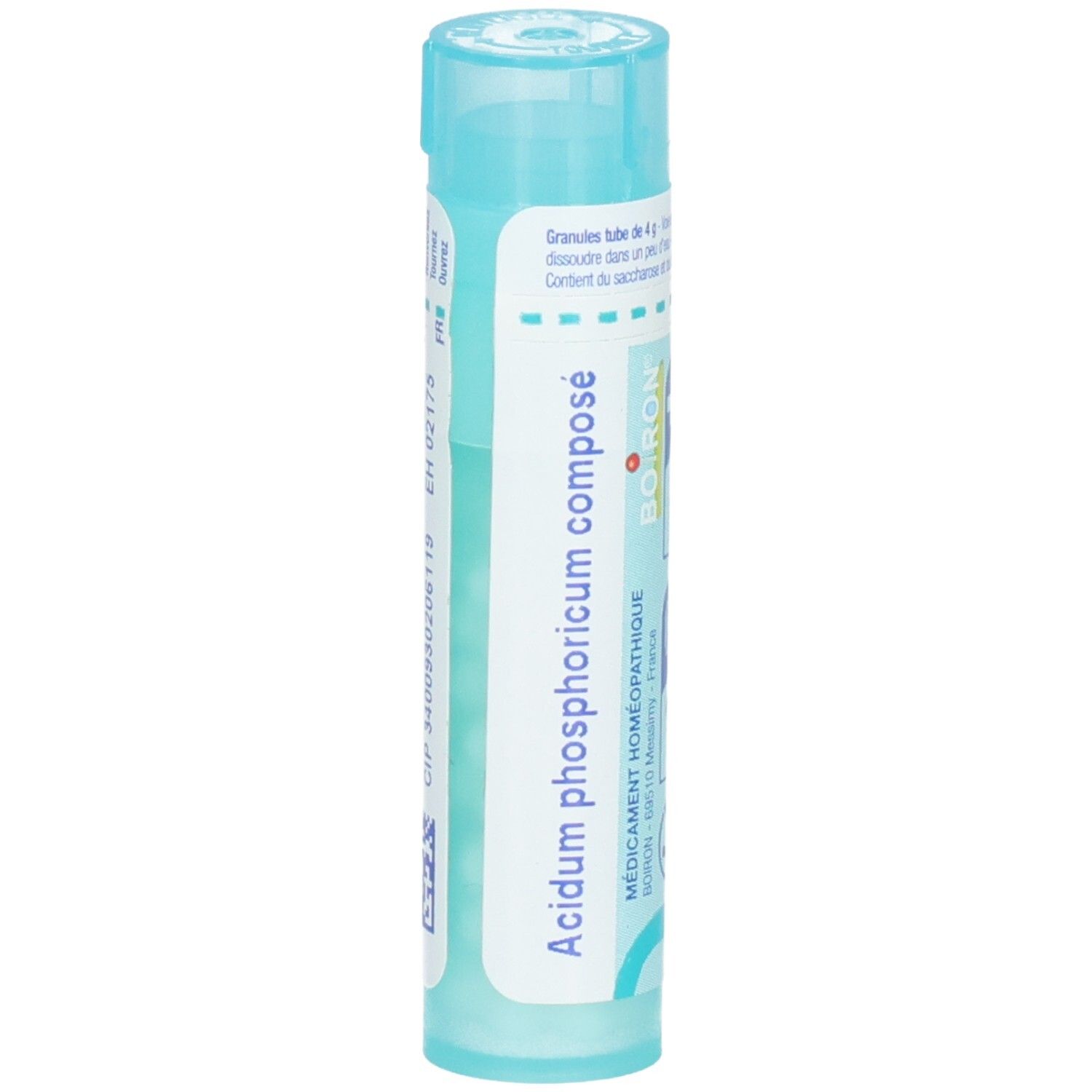Tube de granules Boiron Acidum phosphoricum composé, 4g. Tube bleu clair avec étiquette blanche.