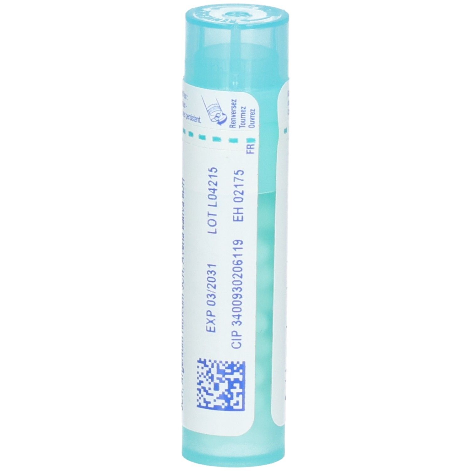 Arrière du tube Boiron Acidum phosphoricum composé. Indique le LOT, l'EXP et le numéro CIP.