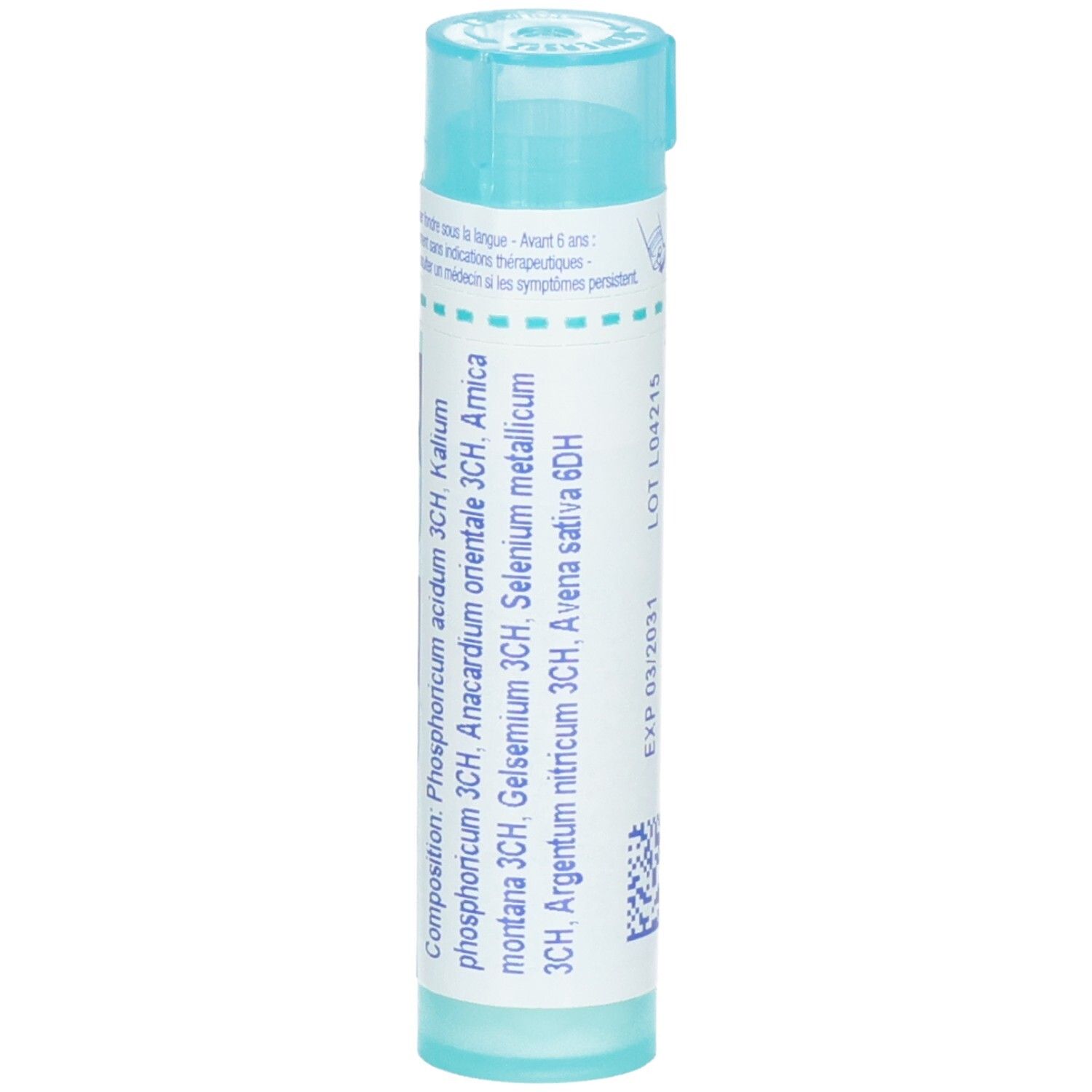 Tube Boiron Acidum phosphoricum composé avec composition: Phosphoricum acidum 3CH, Kalium phosphoricum 3CH, Anacardium orientale 3CH, Gelsemium 3CH, Selenium metallicum 3CH, Avena sativa 6DH.