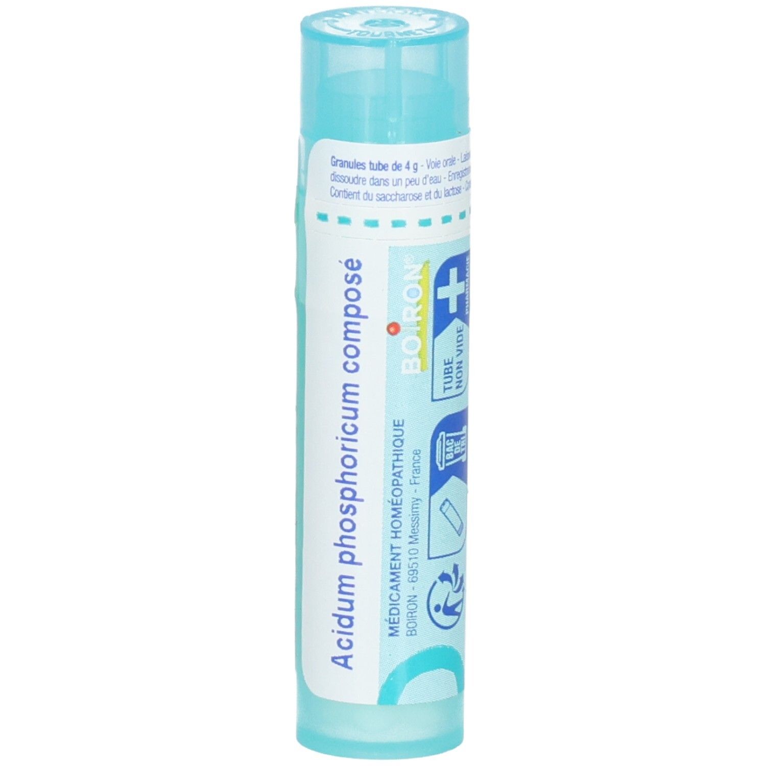 Tube Boiron Acidum phosphoricum composé, 4g. Avec logo Boiron et instructions d'utilisation.