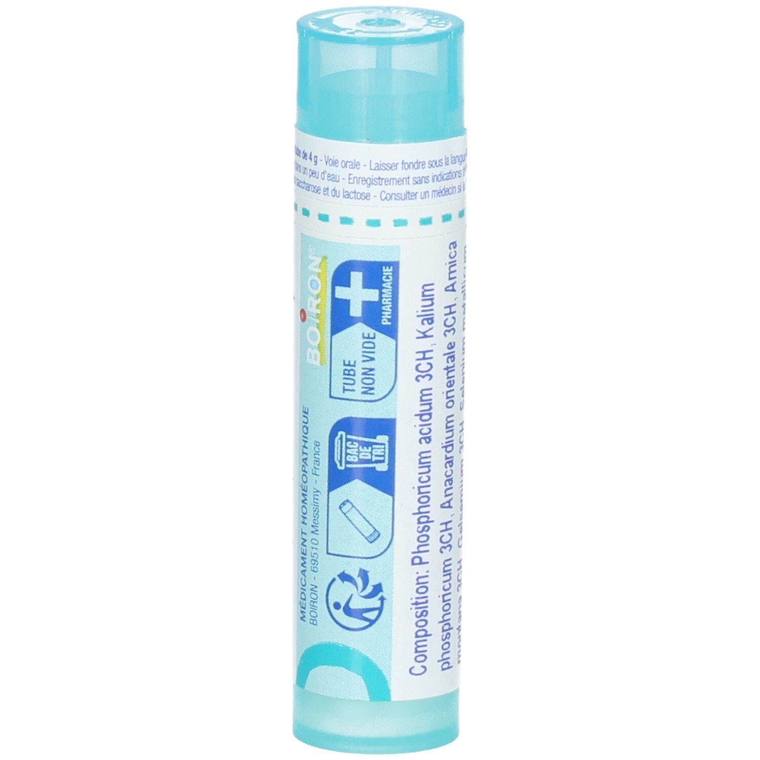 Tube Boiron Acidum phosphoricum composé, 4g. Indique 'Tube Non Vide' et symboles d'application.