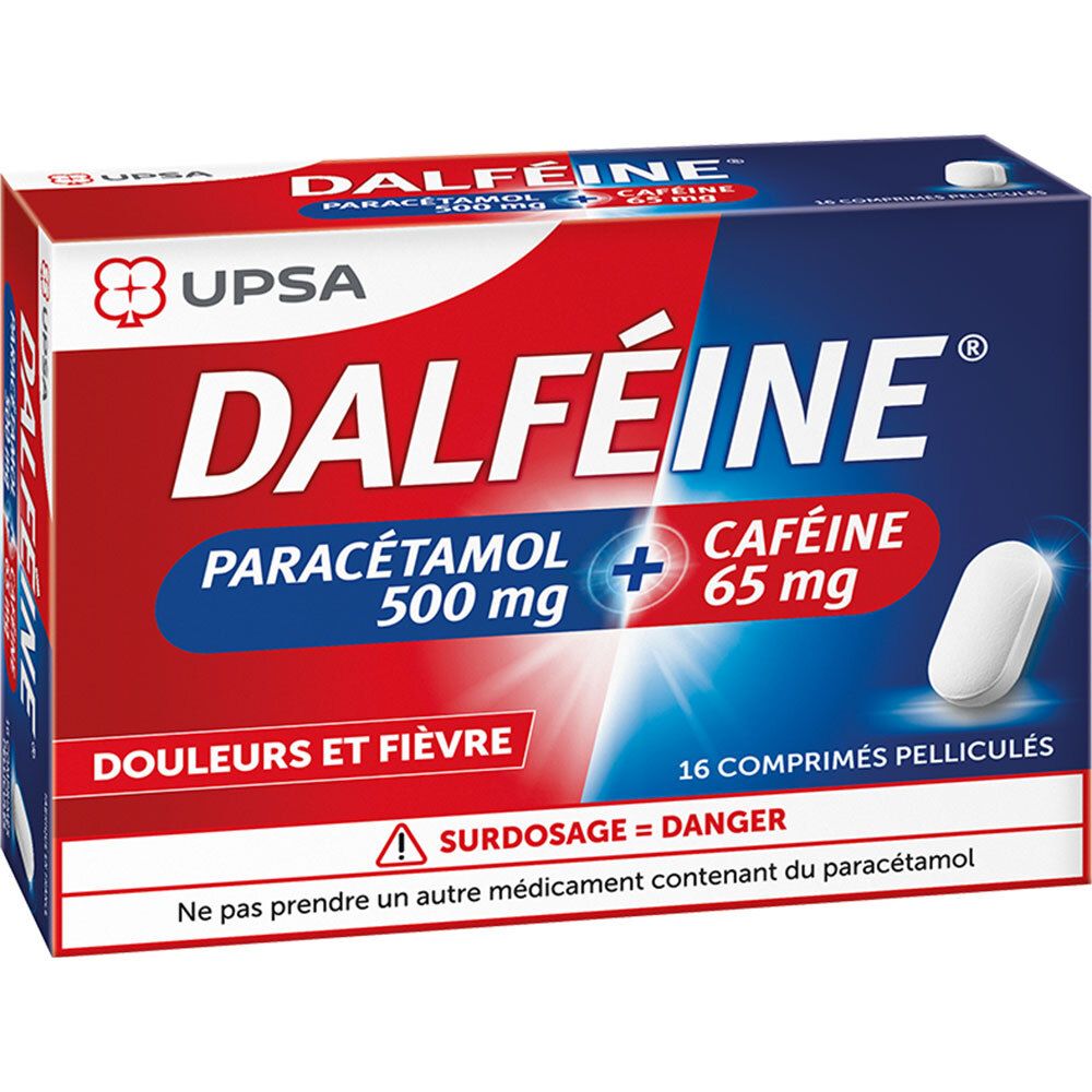 Boîte de comprimés DALFÉINE, Paracétamol 500 mg + Caféine 65 mg. 16 comprimés pelliculés. UPSA. Douleurs et fièvre.