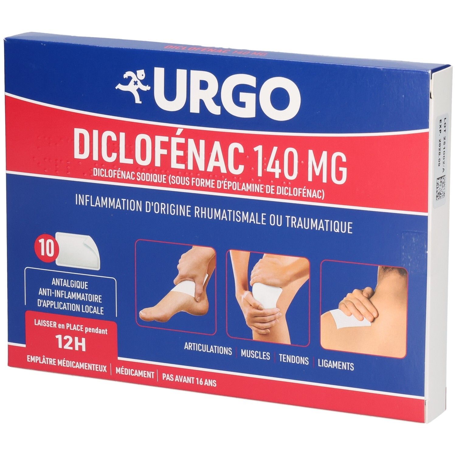 Boîte Urgo Diclofenac 140 mg. 10 emplâtres. Illustrations d'application. Texte: 12H, anti-inflammatoire, articulations, muscles.