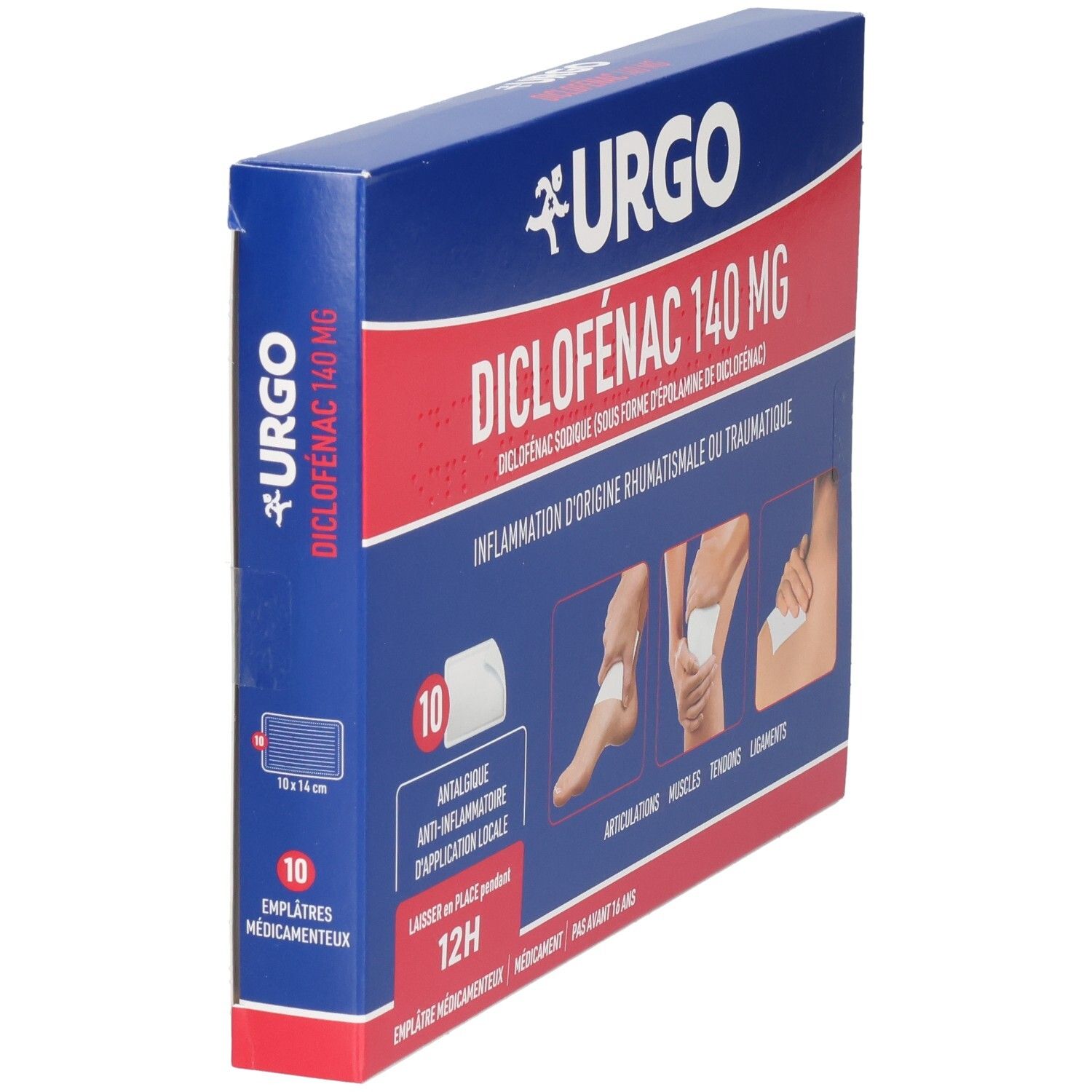 Boîte Urgo Diclofenac 140 mg. Emballage bleu et blanc. 10 emplâtres. Texte: 12H, anti-inflammatoire, pour adultes.