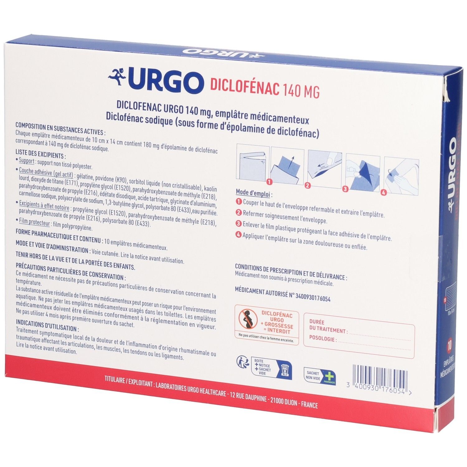 Dos de la boîte Urgo Diclofenac 140 mg. Ingrédients, mode d'emploi, indications. Dispositif médical.
