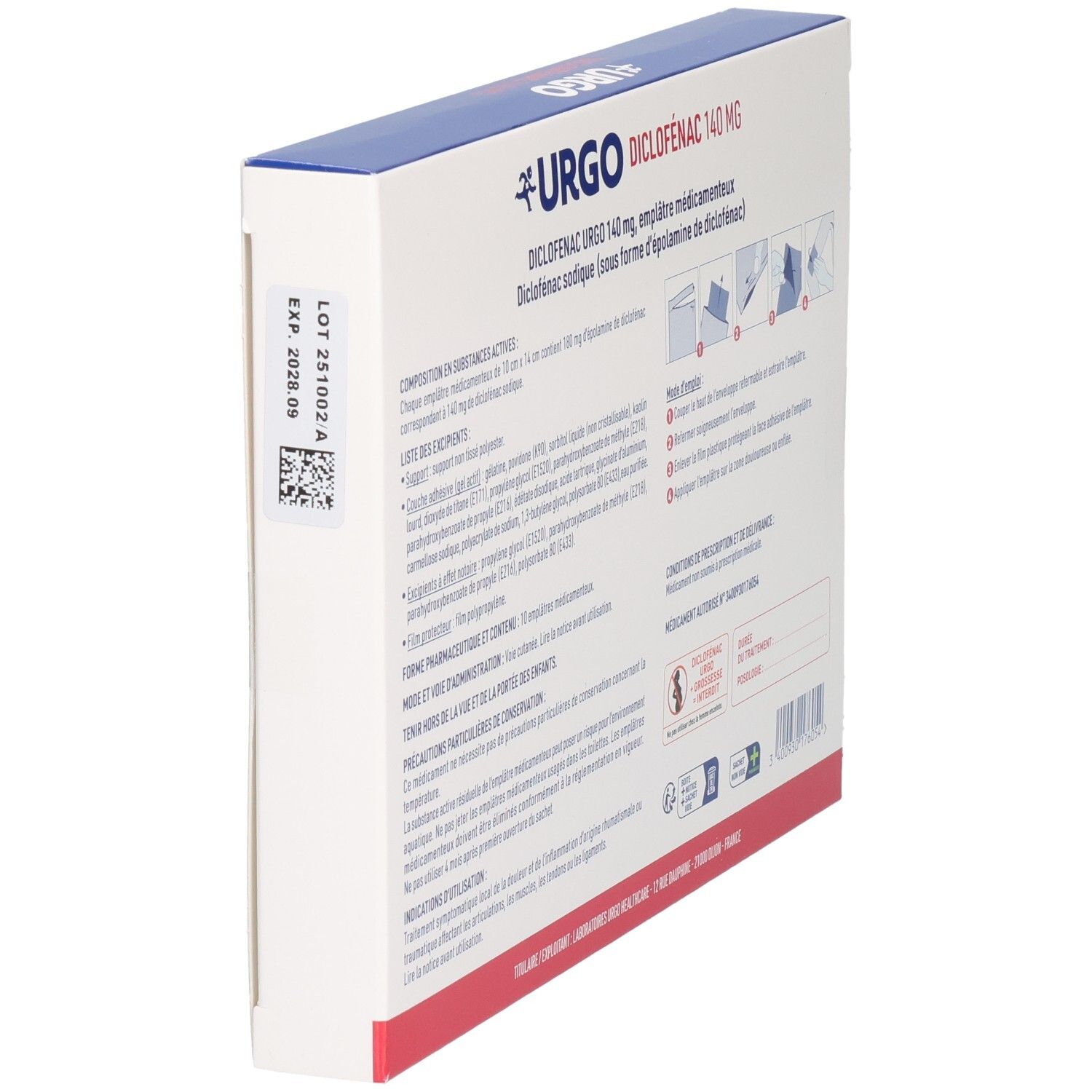 Dos de la boîte Urgo Diclofenac 140 mg. Texte, numéro de lot, date de péremption. Dispositif médical.