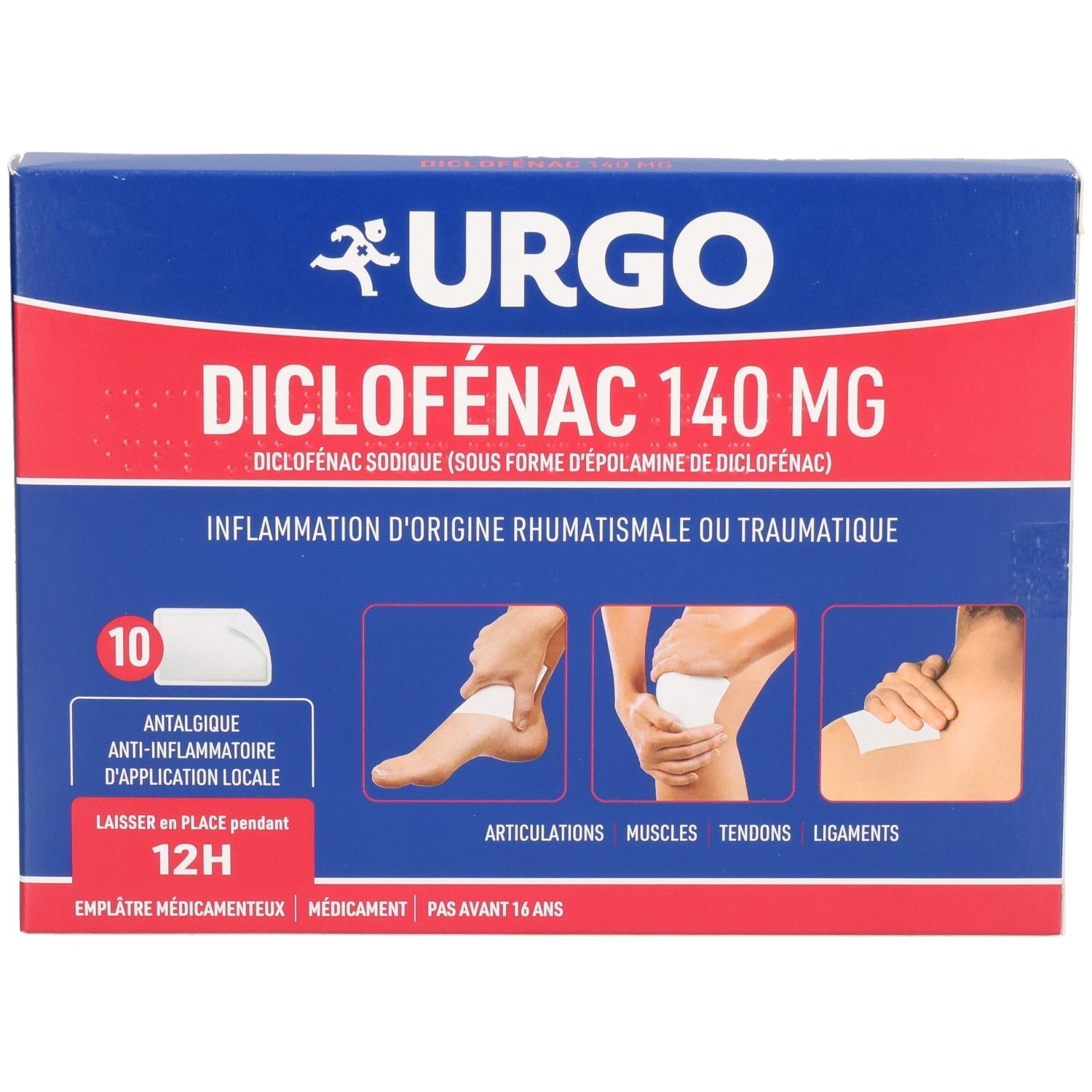 Boîte Urgo Diclofenac 140 mg. 10 emplâtres. Illustrations d'application. Texte: 12H, pour adultes.