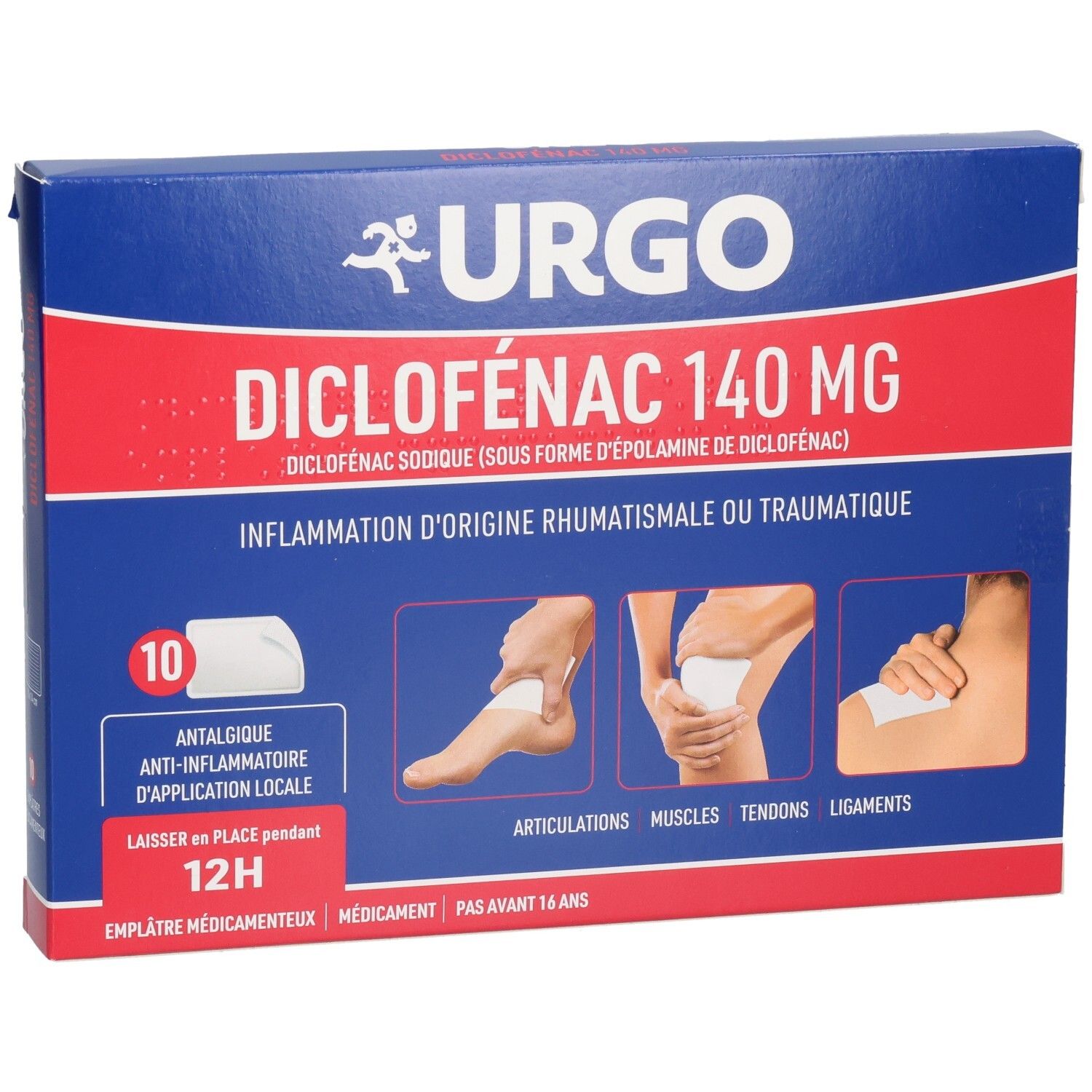 Boîte Urgo Diclofenac 140 mg. 10 emplâtres. Texte: 12H, anti-inflammatoire, pour adultes.
