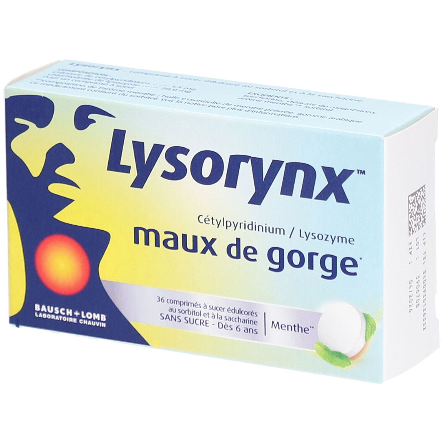 Boîte de "Lysorynx maux de gorge". Couleurs bleu, jaune et blanc. Contient 36 comprimés à sucer. Marque Bausch+Lomb.