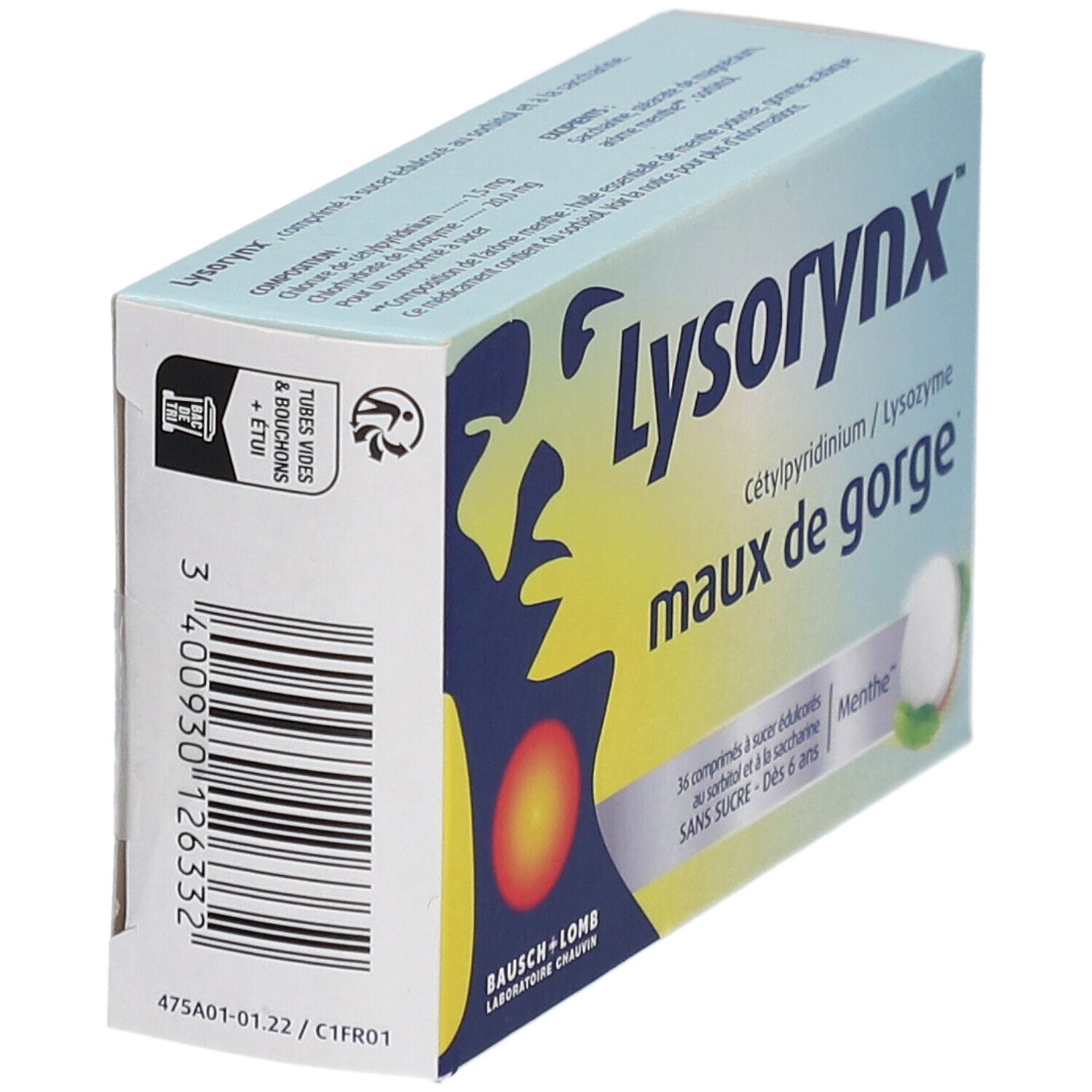 Boîte "Lysorynx maux de gorge" en perspective. Couleurs bleu, jaune et blanc. Marque Bausch+Lomb. 36 comprimés.