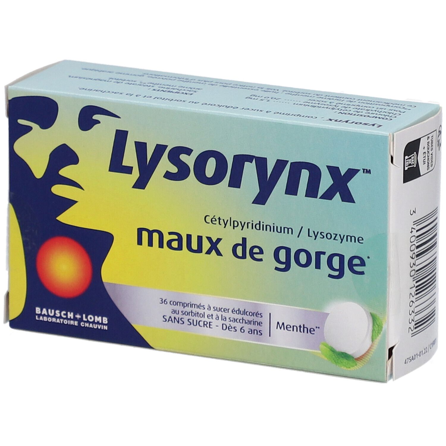 Boîte "Lysorynx maux de gorge". Couleurs bleu, jaune et blanc. Contient 36 comprimés à sucer. Marque Bausch+Lomb.