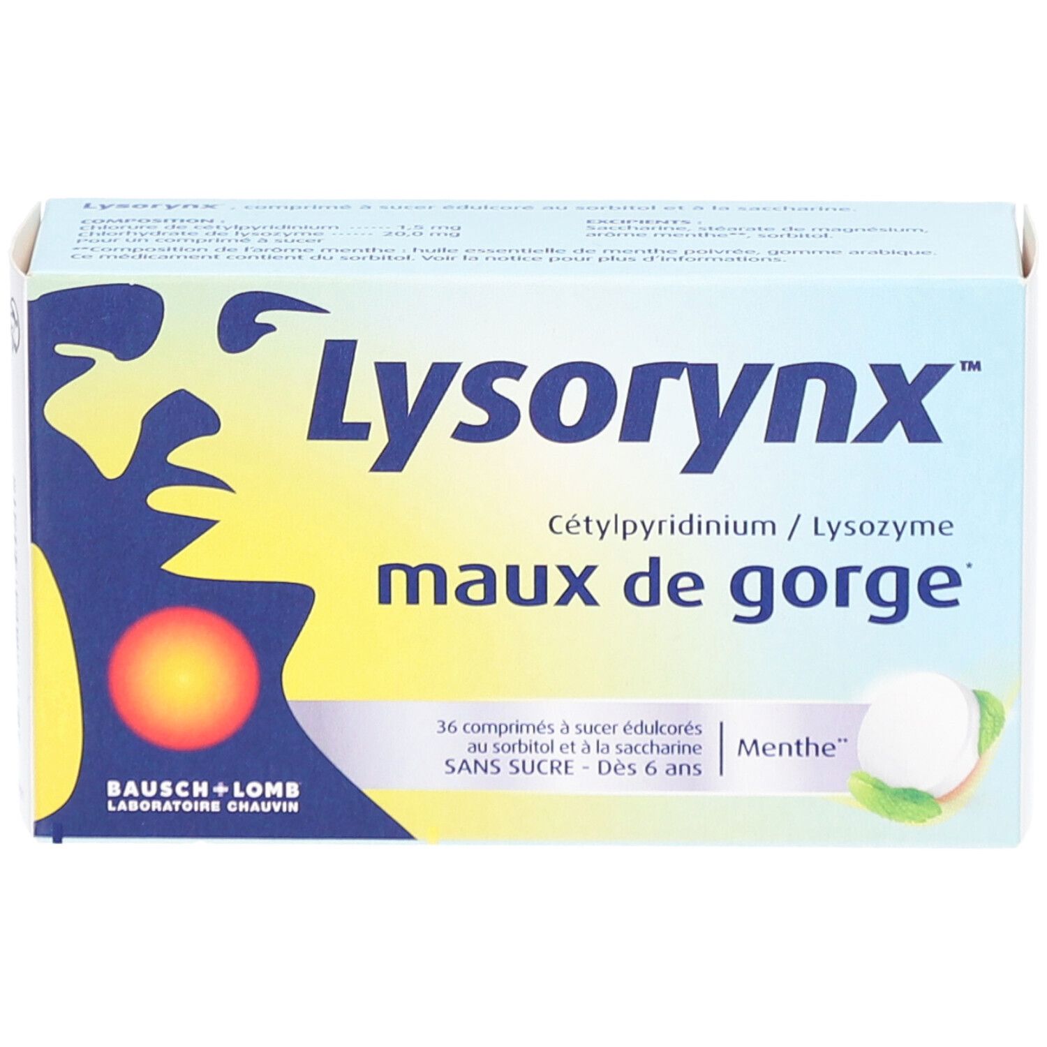 Boîte "Lysorynx maux de gorge". Couleurs bleu, jaune et blanc. Contient 36 comprimés à sucer. Marque Bausch+Lomb.