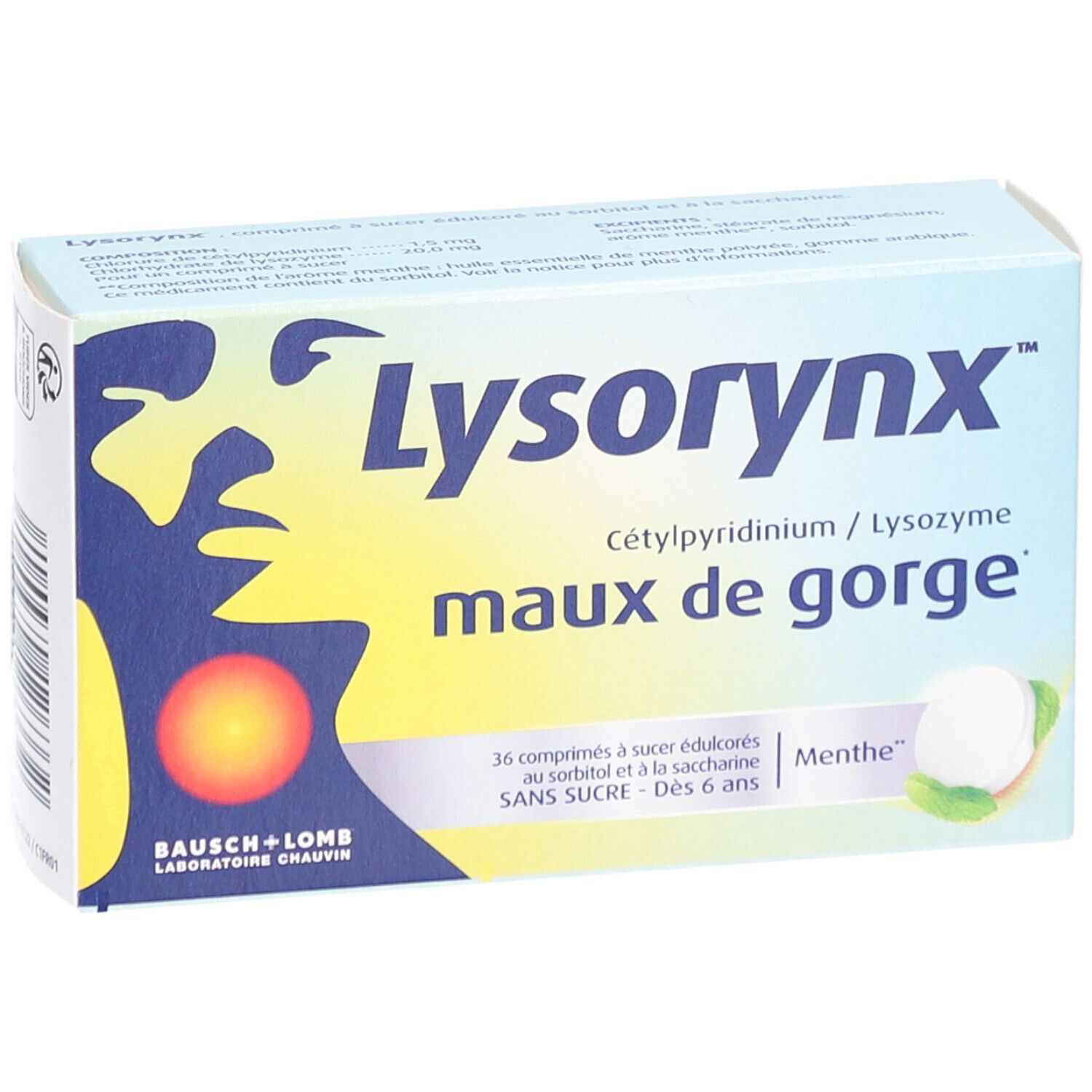 Boîte "Lysorynx maux de gorge". Couleurs bleu, jaune et blanc. Contient 36 comprimés à sucer. Marque Bausch+Lomb.