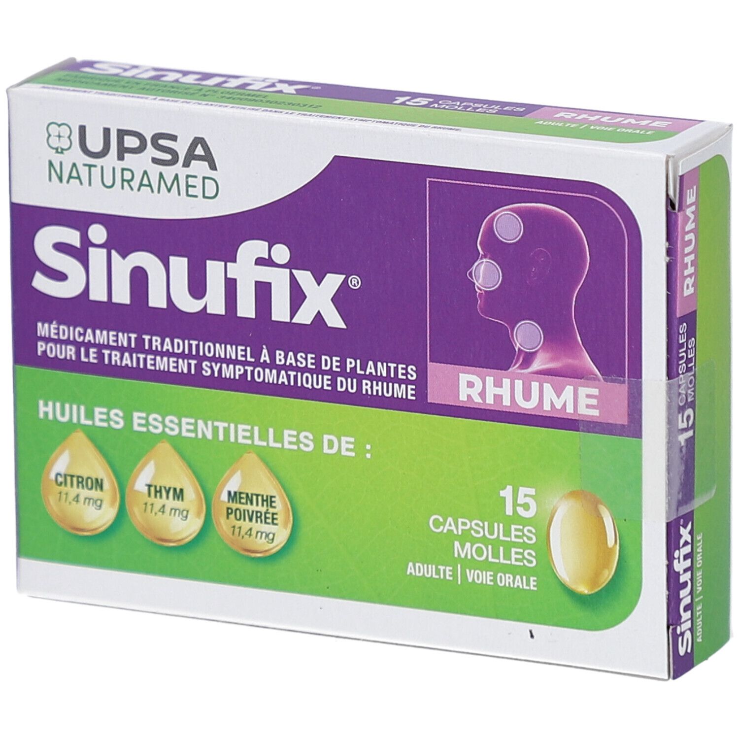 Boîte de SINUFIX, 15 capsules molles. Inscriptions: UPSA Naturamed, Rhume, huiles essentielles de: citron, thym, menthe poivrée.