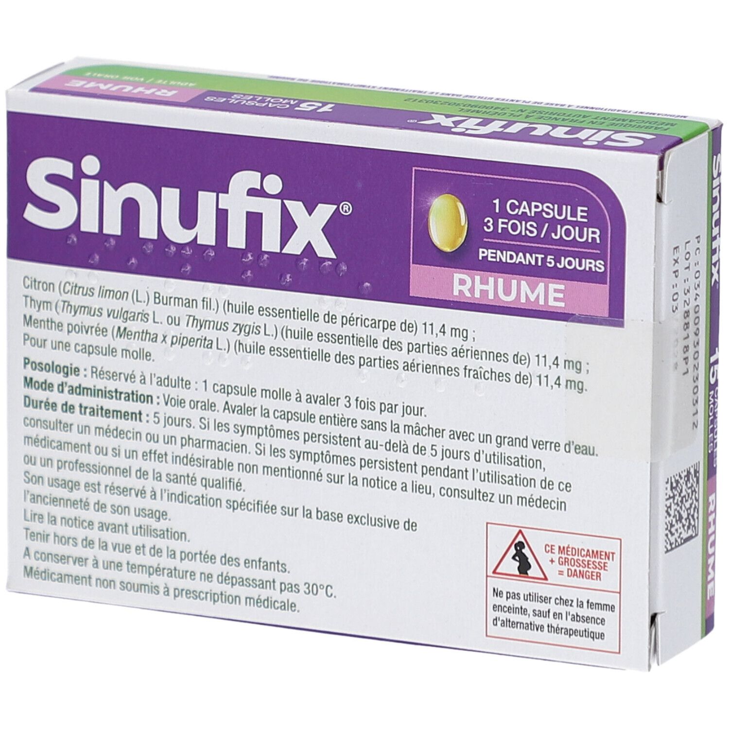 Boîte de SINUFIX, 15 capsules. Inscription: 1 capsule 3 fois par jour. Texte et pictogrammes au dos.