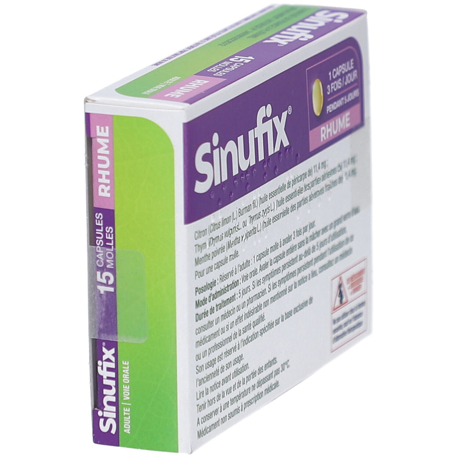 Boîte de SINUFIX, 15 capsules. Inscription: Rhume. Arrière avec texte et pictogrammes.