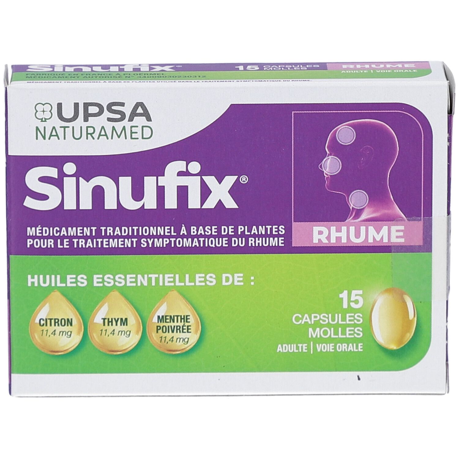 Boîte de SINUFIX, 15 capsules. Inscriptions: UPSA Naturamed, Rhume, huiles essentielles de: citron, thym, menthe poivrée. Capsule visible.