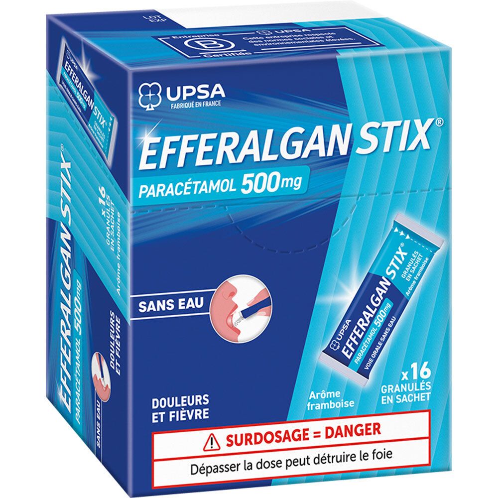 Boîte bleue et blanche EFFERALGAN STIX. Contient 16 sachets de 500mg de paracétamol. Arôme framboise. Avertissement : Surdosage = Danger.
