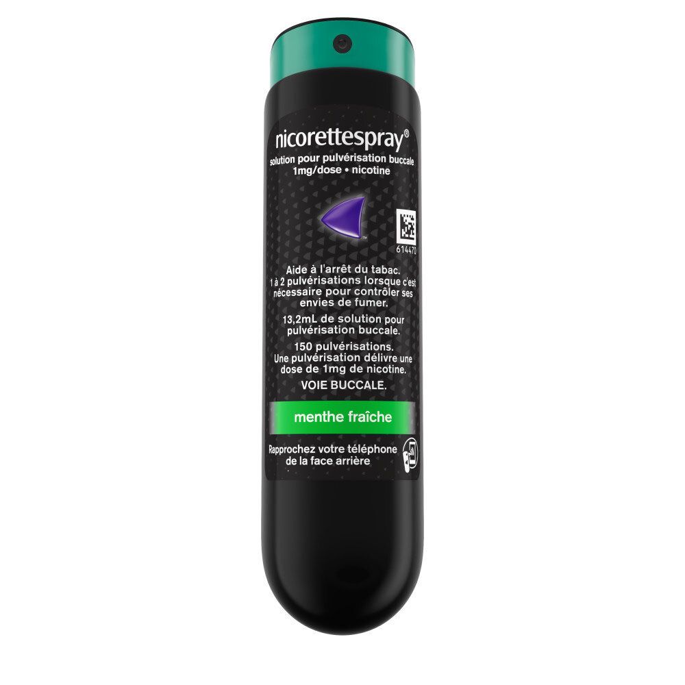 Nicorette Spray buccal : flacon noir avec capuchon vert, Menthe Fraîche.