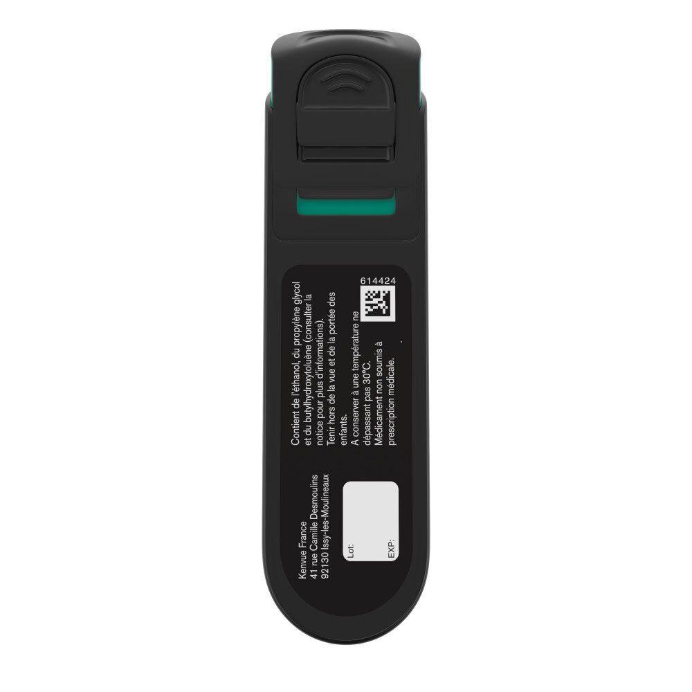 Arrière du flacon Nicorette Spray buccal avec informations produit et numéro de lot.