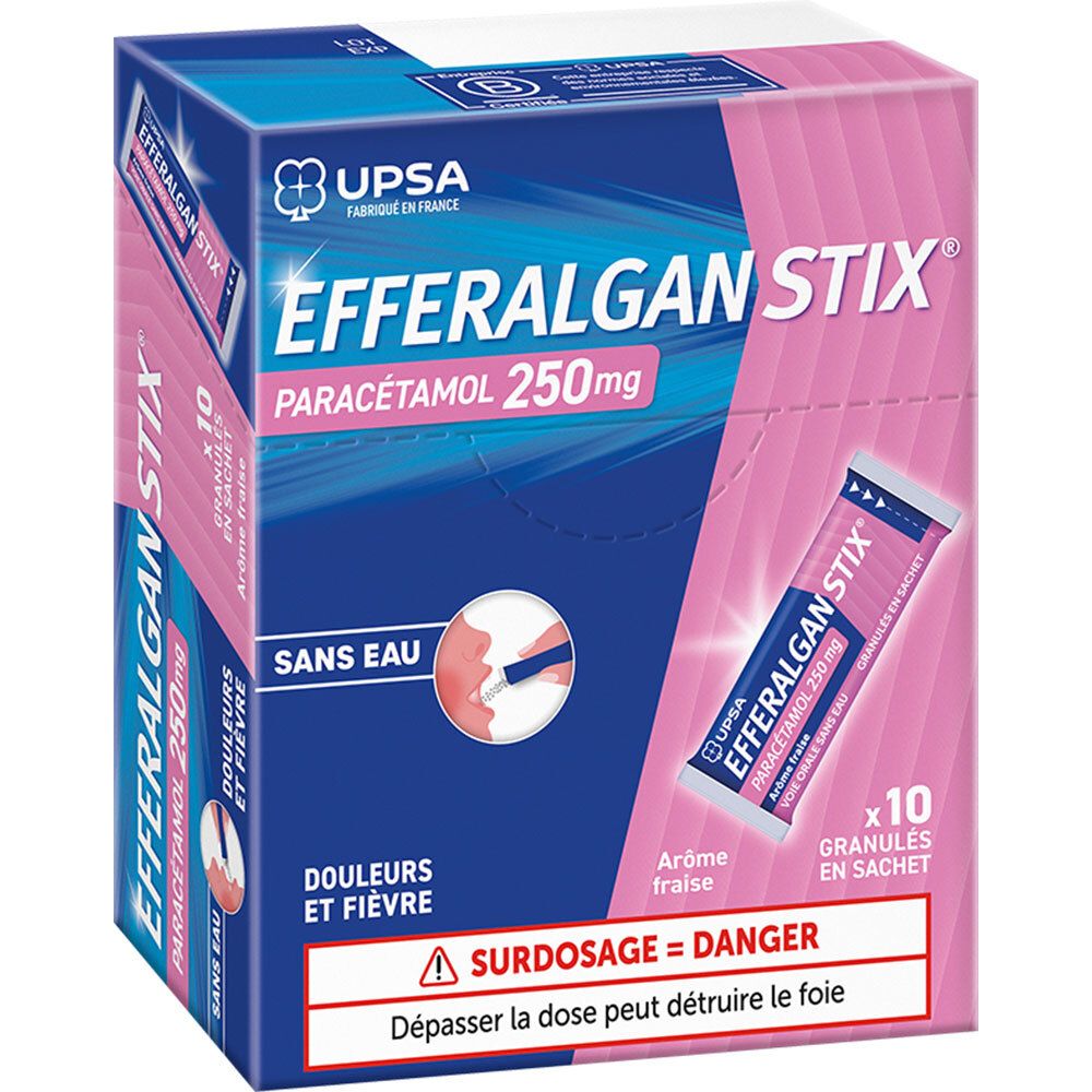 Boîte EFFERALGAN STIX, Paracétamol 250mg. Emballage rose et bleu. Illustration d'un sachet et mention 'Sans Eau'.